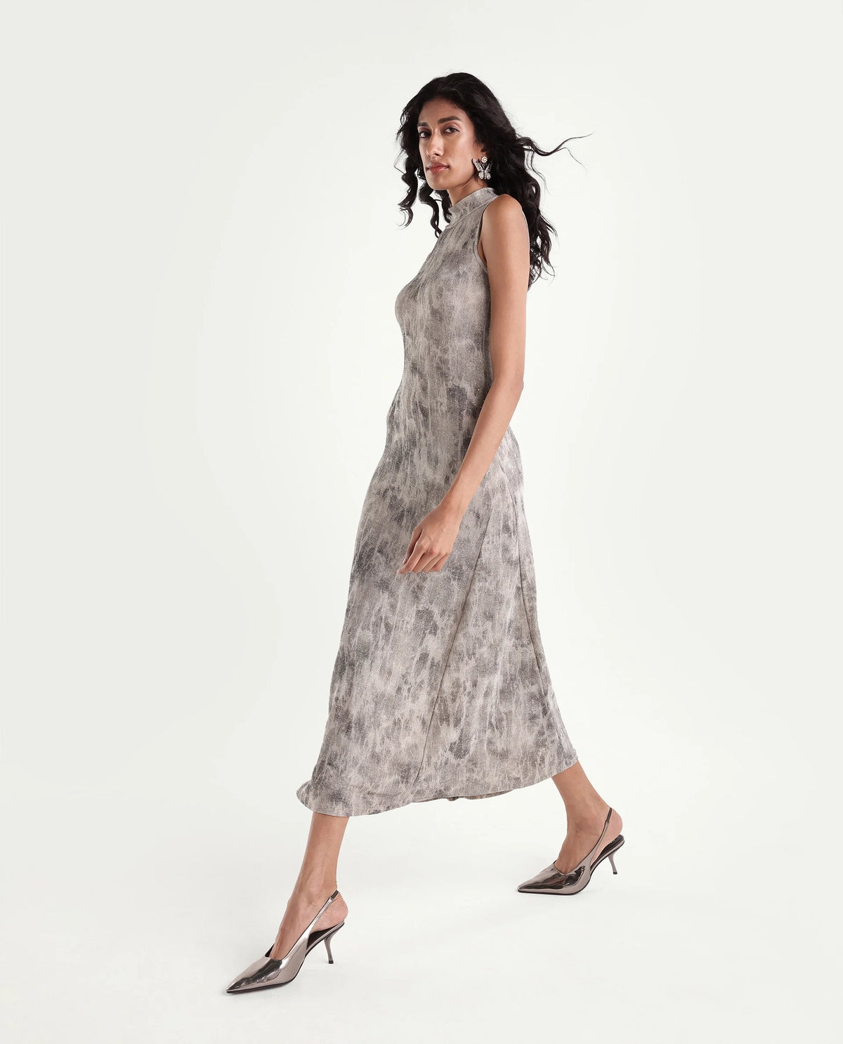Rareism Women's Parissa Light Grey Nylon Blend Turtle Neck Fit And Flare Abstract Print Dress