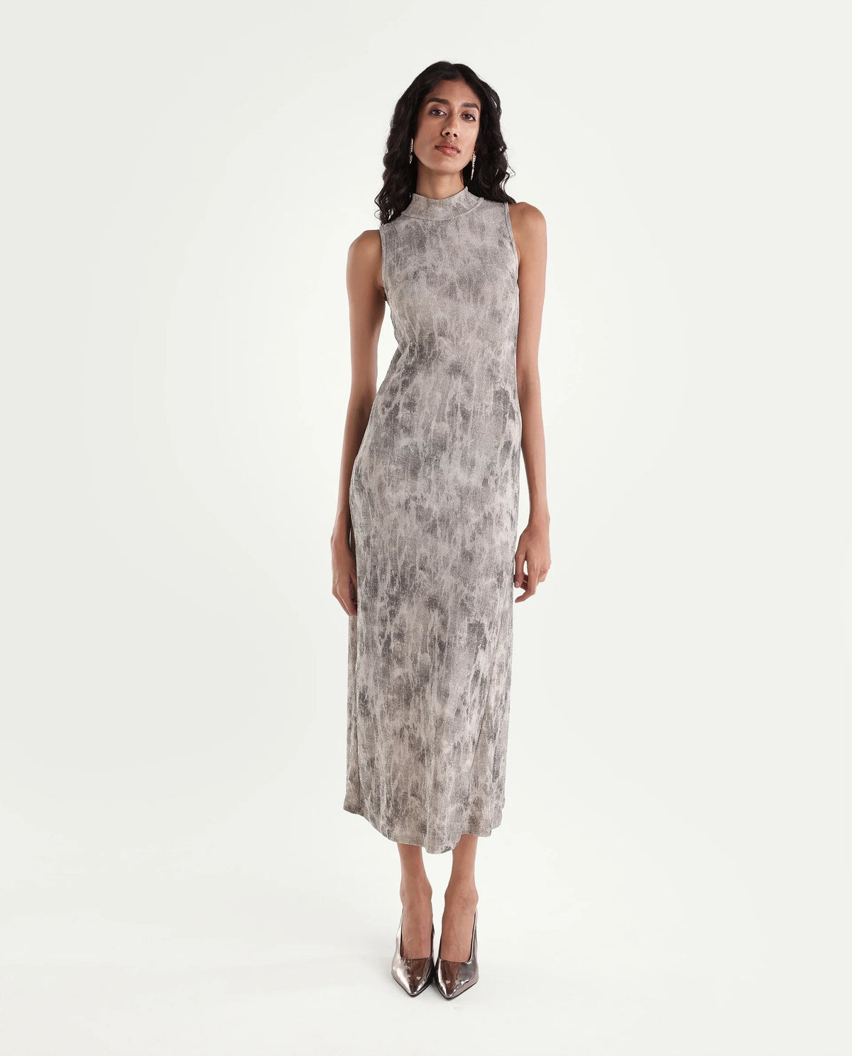 Rareism Women's Parissa Light Grey Nylon Blend Turtle Neck Fit And Flare Abstract Print Dress