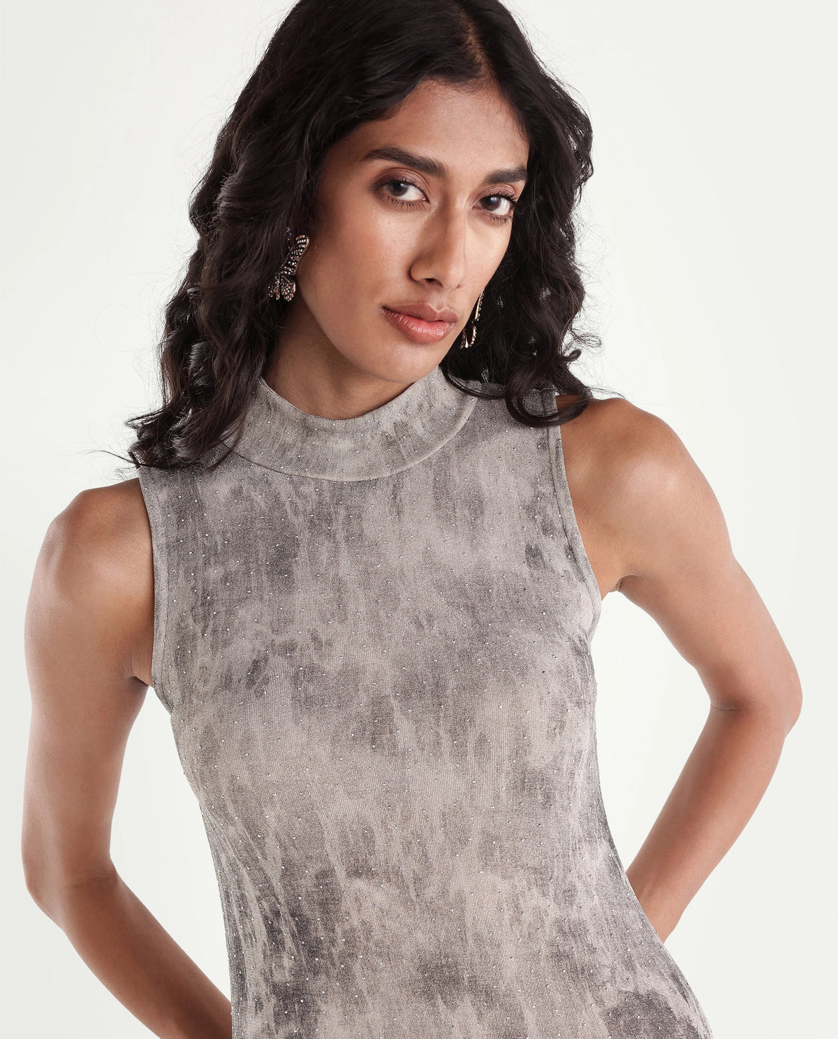 Rareism Women's Parissa Light Grey Nylon Blend Turtle Neck Fit And Flare Abstract Print Dress