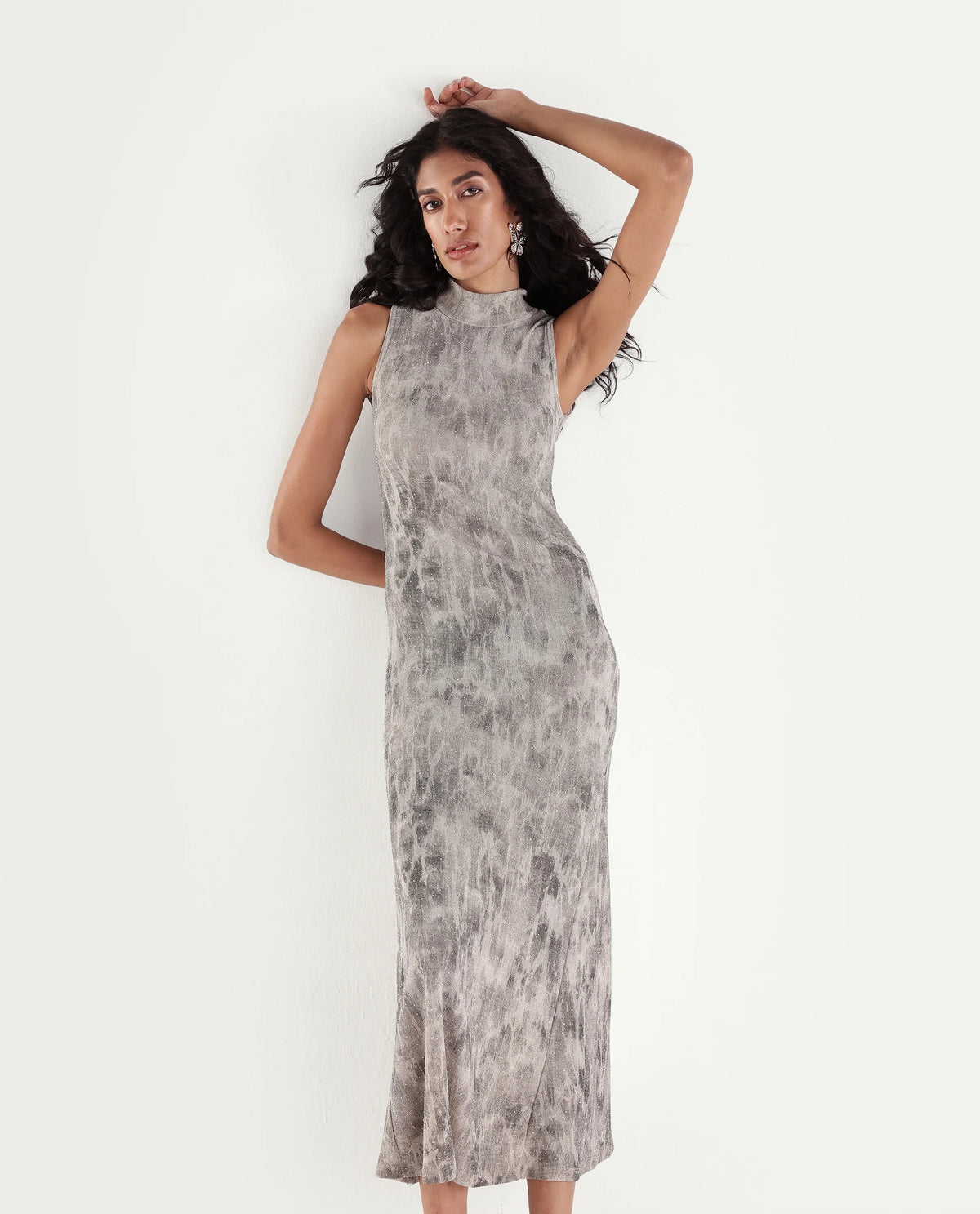 Rareism Women's Parissa Light Grey Nylon Blend Turtle Neck Fit And Flare Abstract Print Dress
