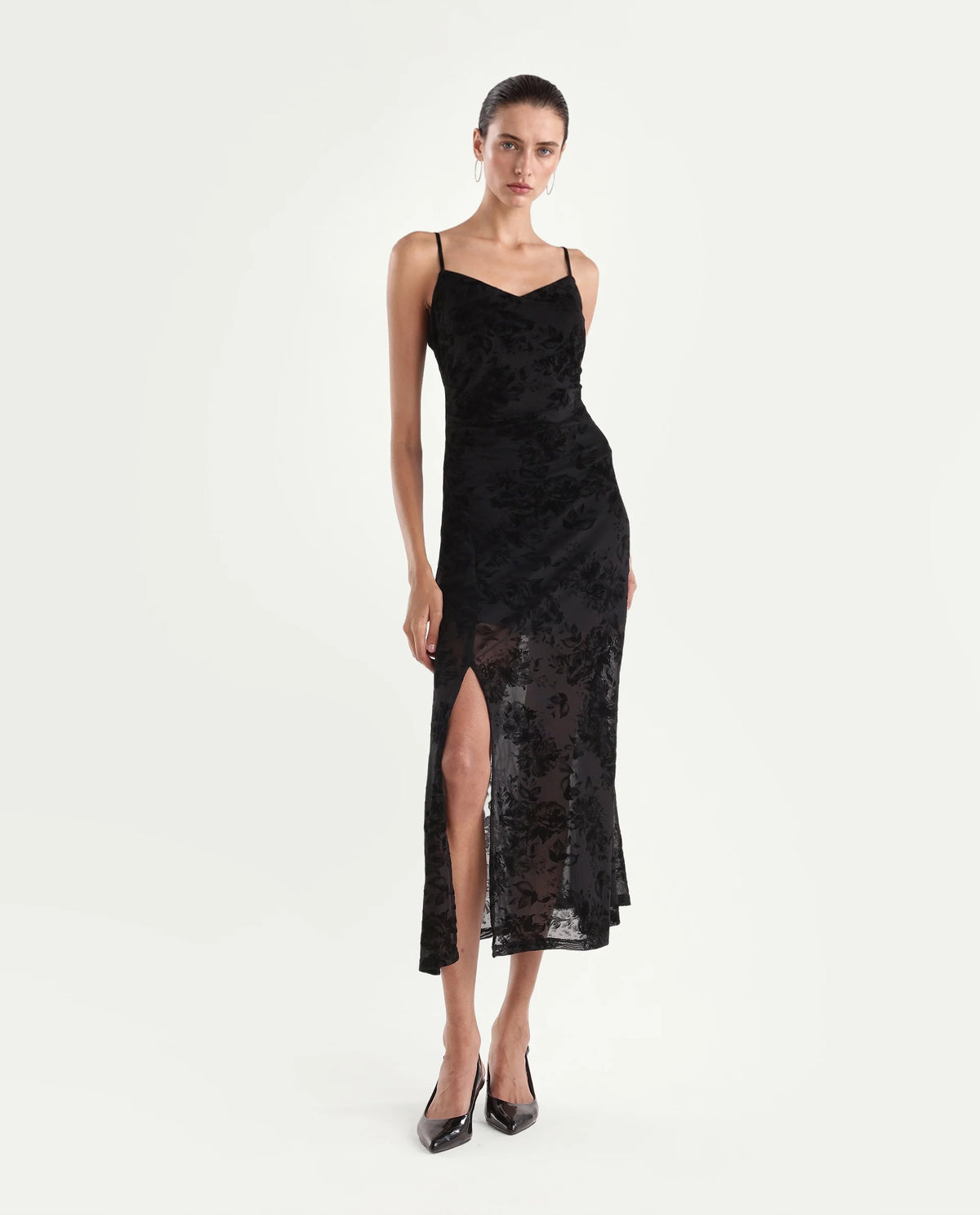 Rareism Women's Post Black Cotton Blend V-Neck Fit And Flare Floral Print Dress