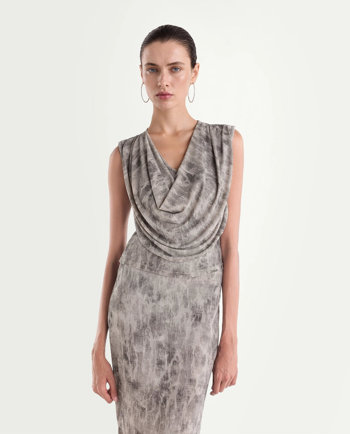 Rareism Women's Padel-B Light Grey Nylon Blend Straight Abstract Print Skirt