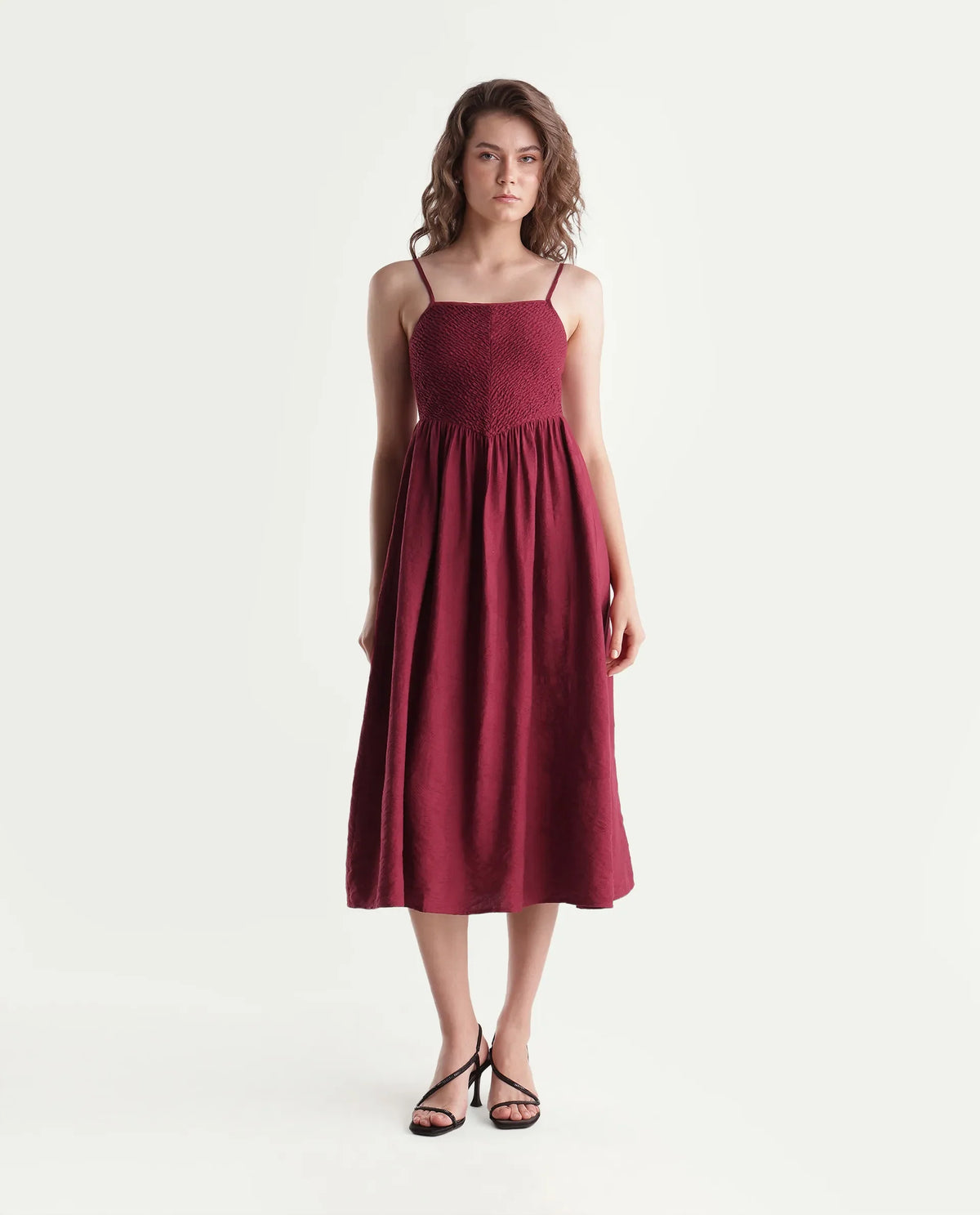 Rareism Women's Brita Maroon Viscose Blend Fit And Flare Jacquard Dress