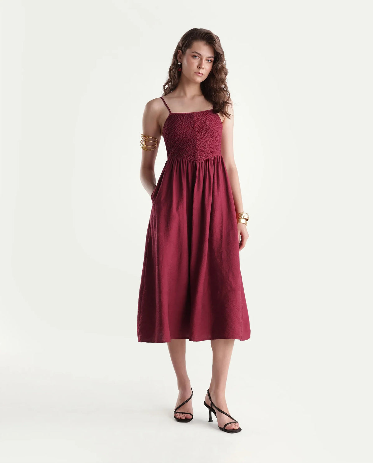 Rareism Women's Brita Maroon Viscose Blend Fit And Flare Jacquard Dress