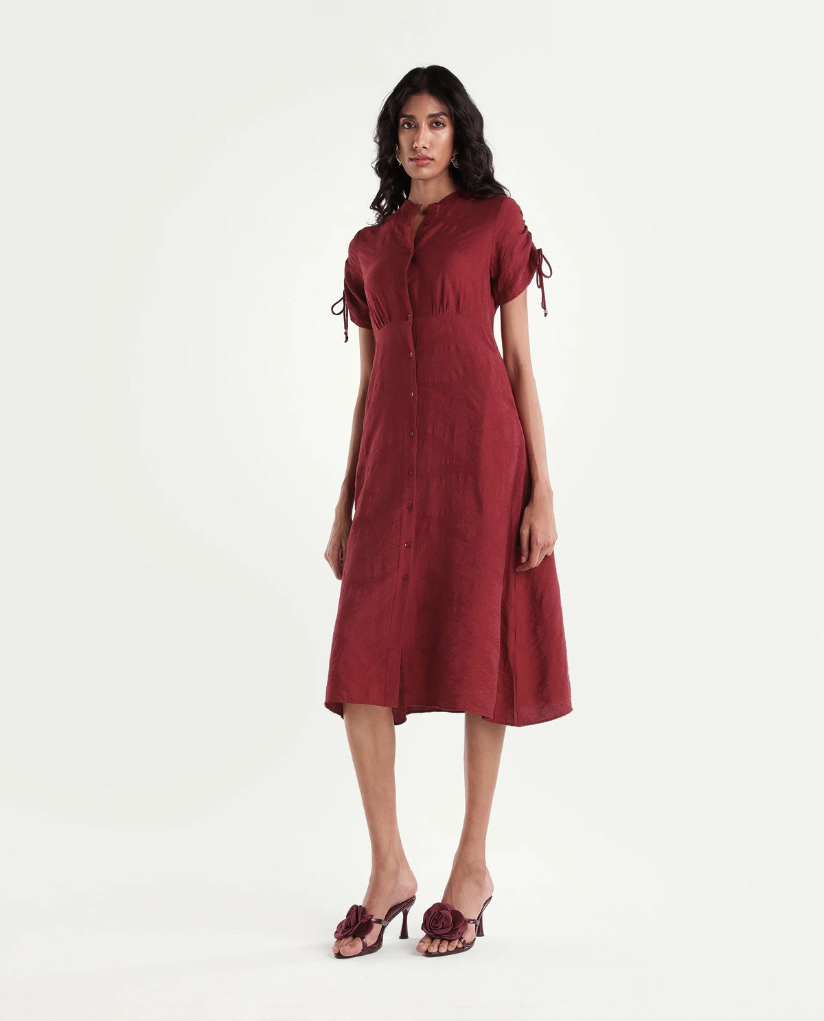 Rareism Women's Betty Maroon Viscose Blend Stand Collar Cinched Waist Jacquard Dress