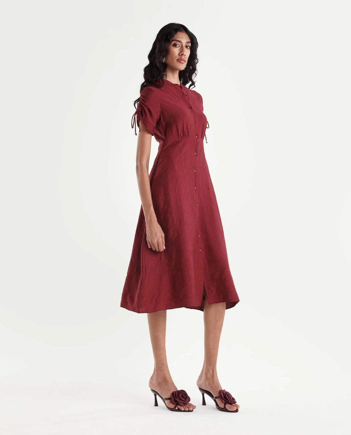 Rareism Women's Betty Maroon Viscose Blend Stand Collar Cinched Waist Jacquard Dress