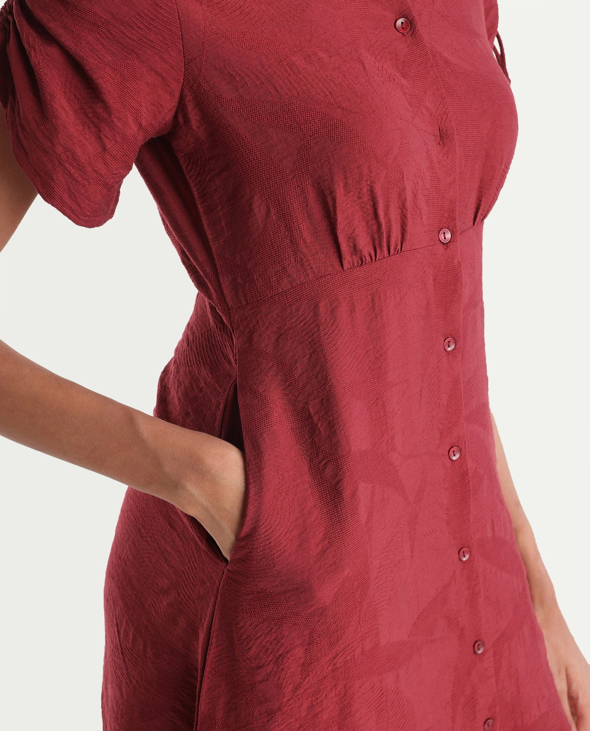 Rareism Women's Betty Maroon Viscose Blend Stand Collar Cinched Waist Jacquard Dress