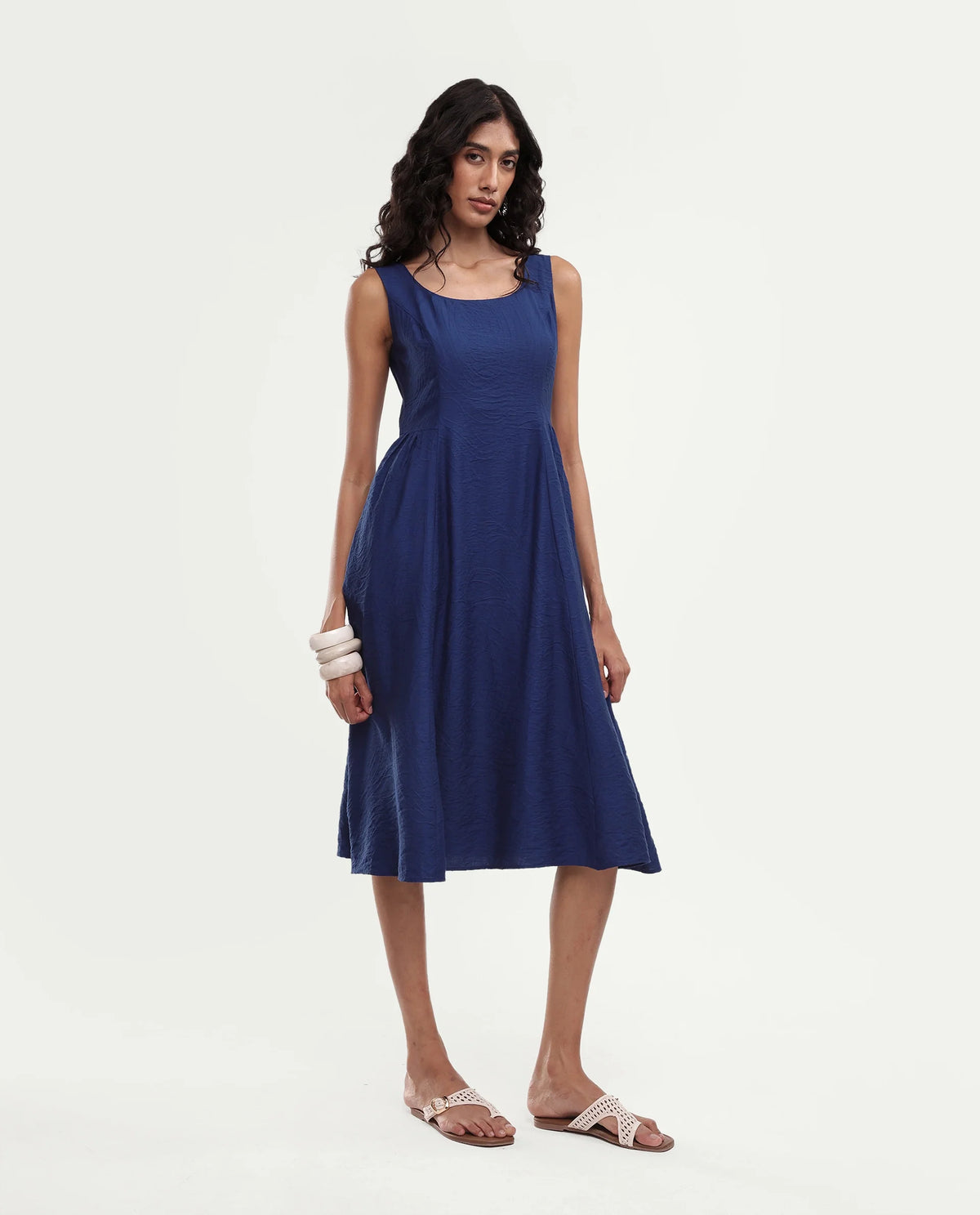 Rareism Women's Dazu Blue Viscose Blend Scoop Neck Fit And Flare Jacquard Dress