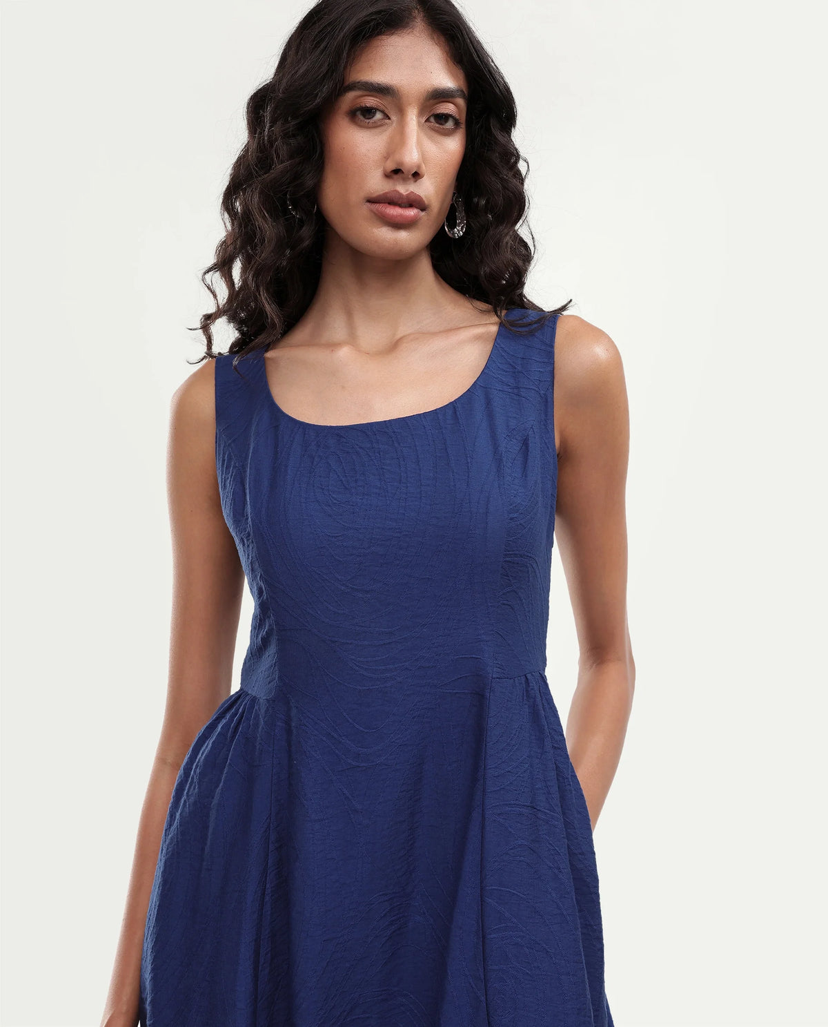Rareism Women's Dazu Blue Viscose Blend Scoop Neck Fit And Flare Jacquard Dress