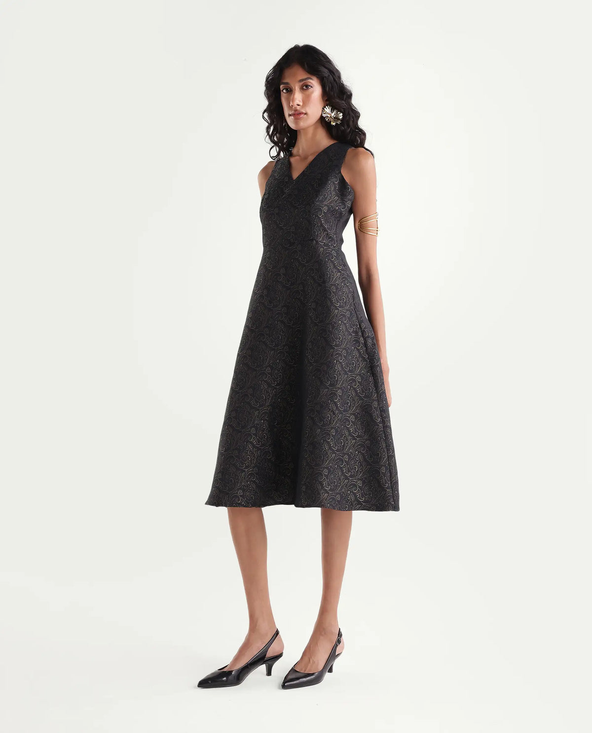Rareism Womens Xebec Black Polyester Blend V-Neck Fit And Flare Jacquard Dress