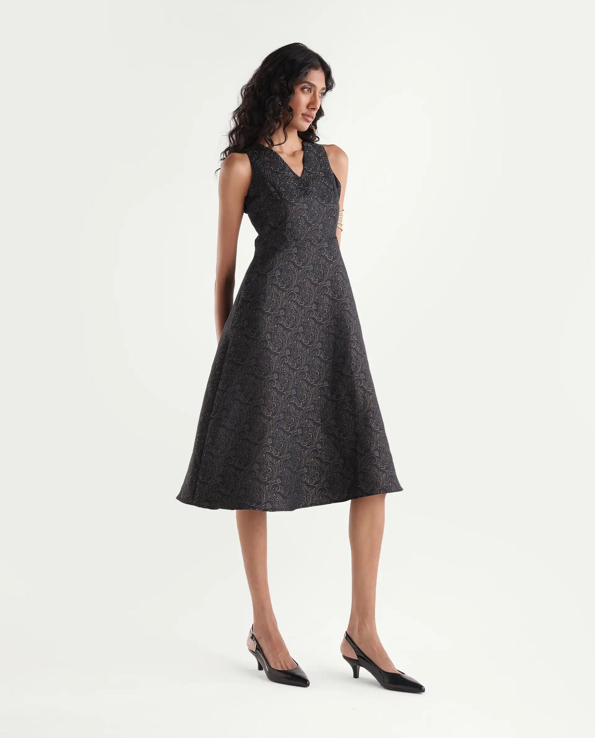 Rareism Womens Xebec Black Polyester Blend V-Neck Fit And Flare Jacquard Dress