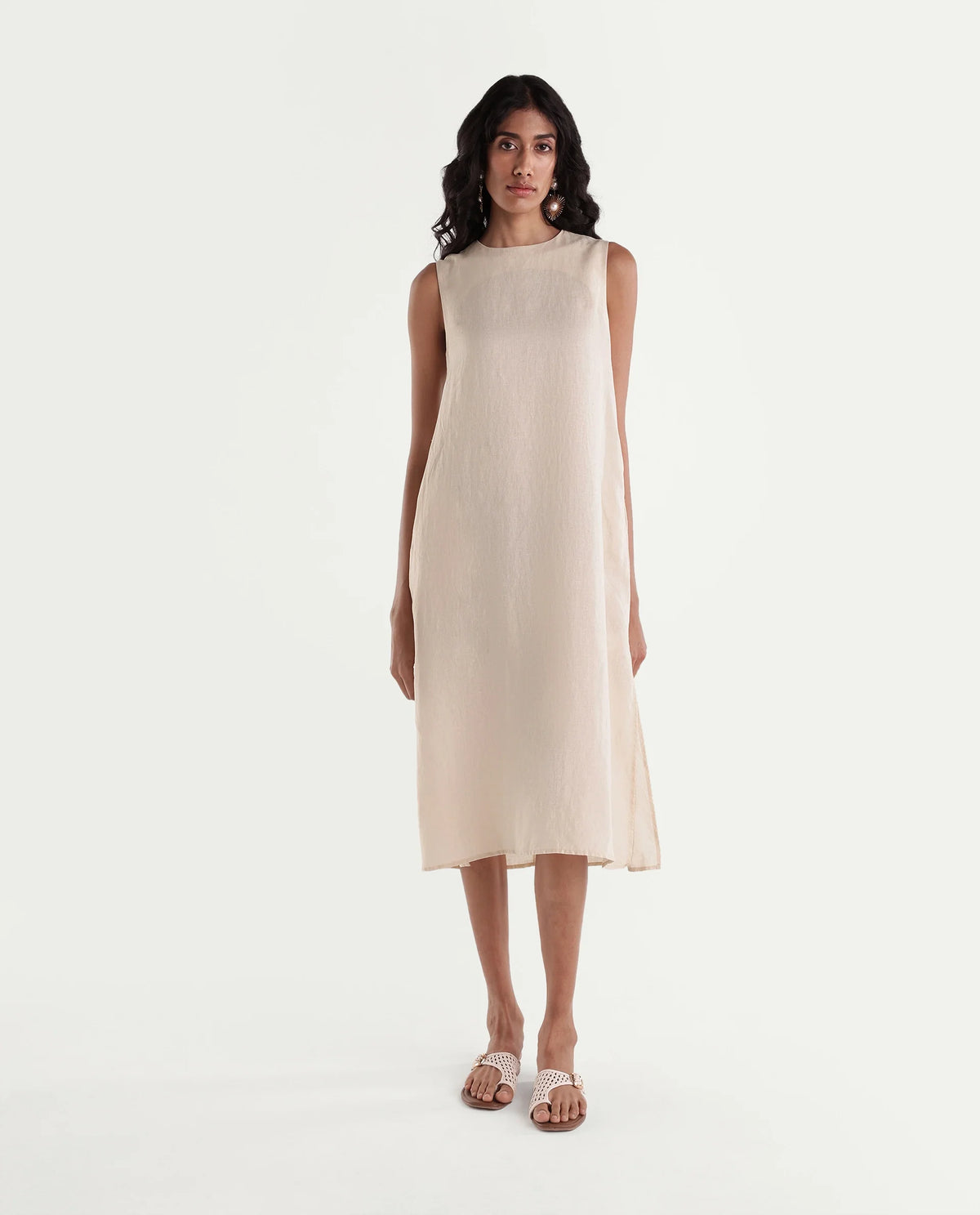 Rareism Women Lipez-T Light Beige 100% Linen Crew Neck Plain Shift Dress