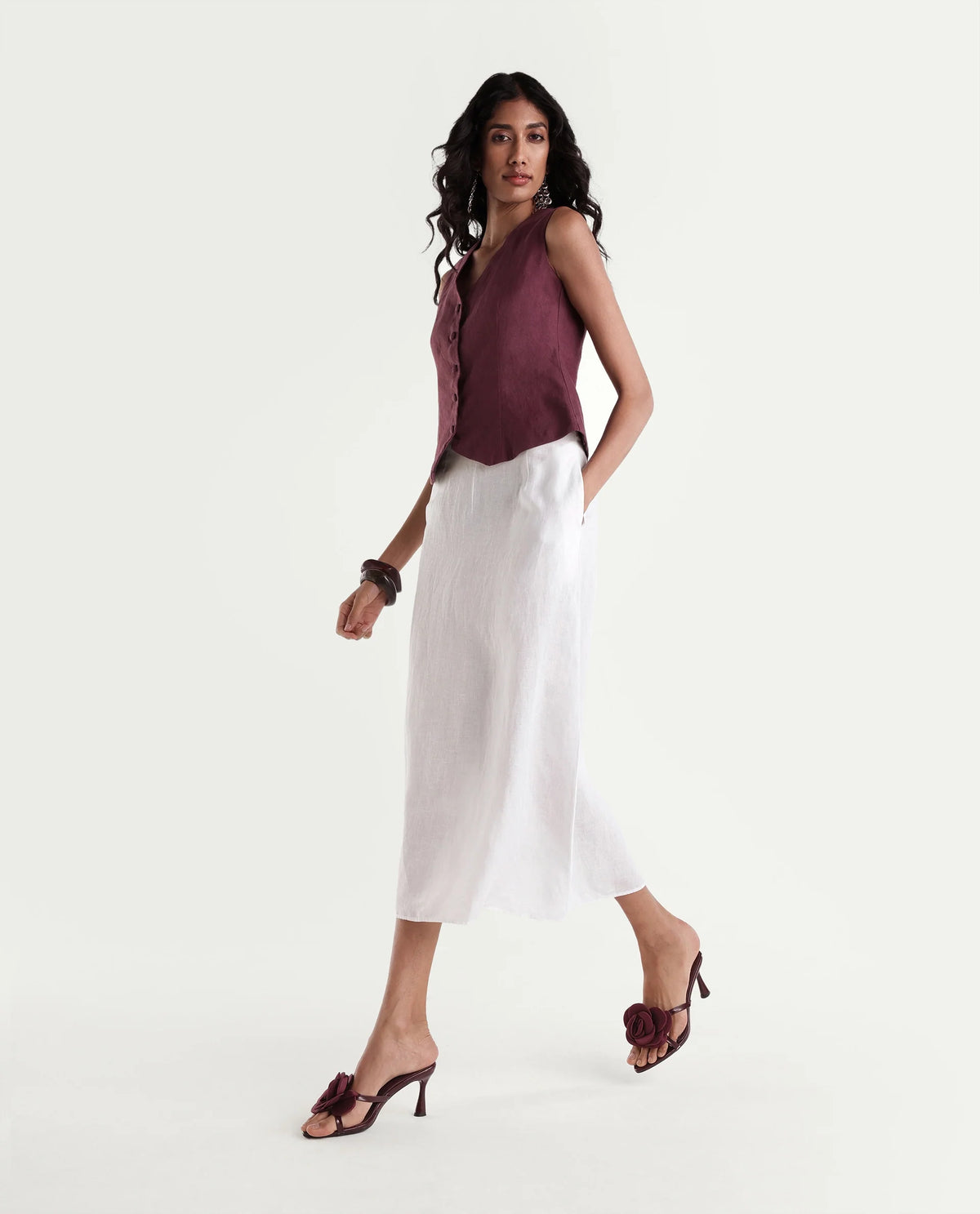 Rareism Women Lily-B Light White 100% Linen Plain A-Line Skirt