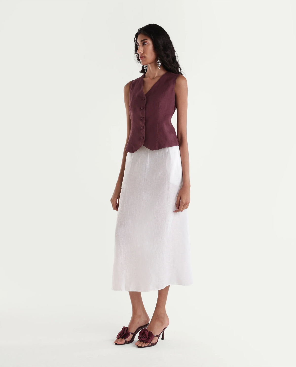 Rareism Women Lily-B Light White 100% Linen Plain A-Line Skirt