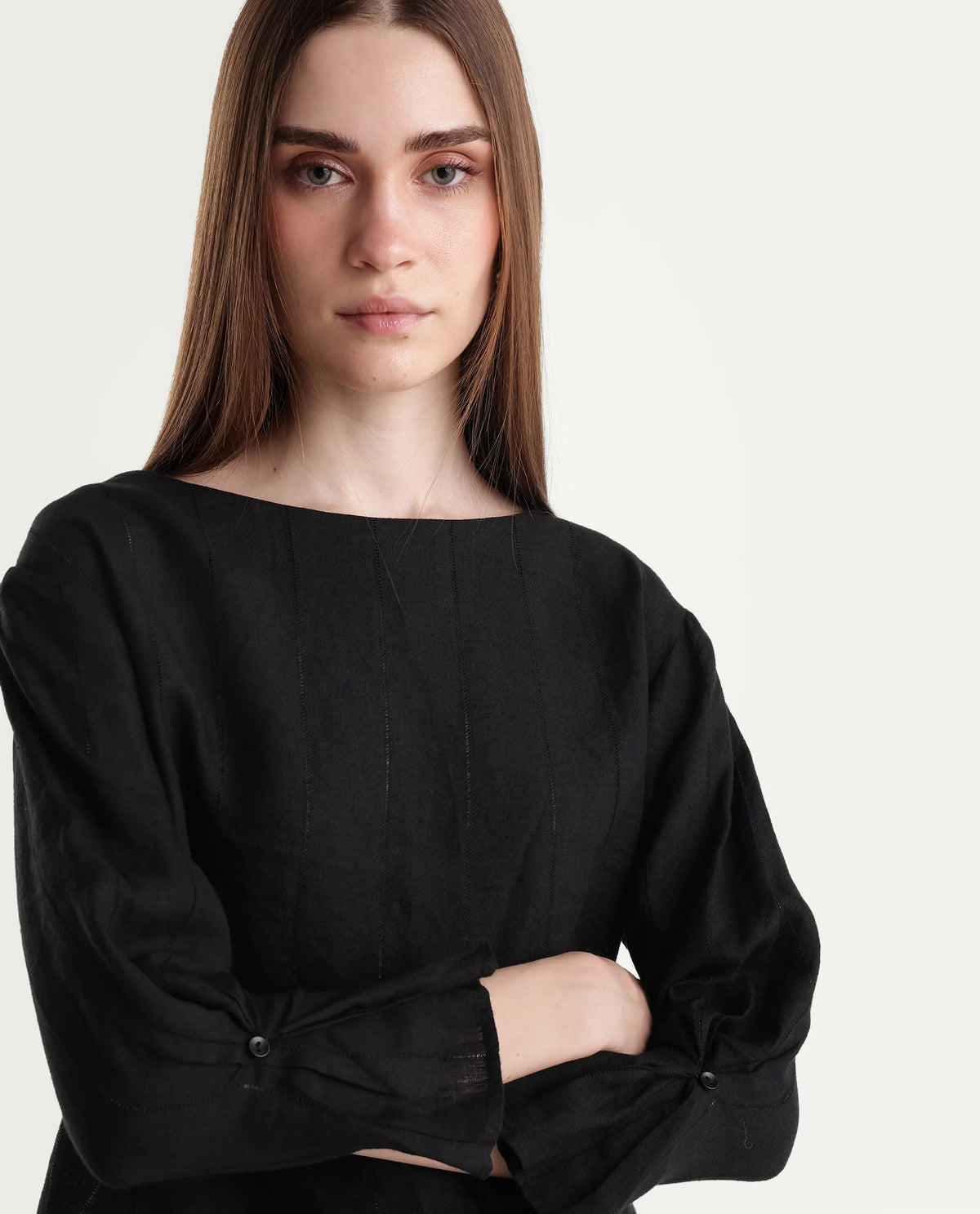 Rareism Women Leo Dark Black 100% Linen Boat Neck Plain Relaxed Top