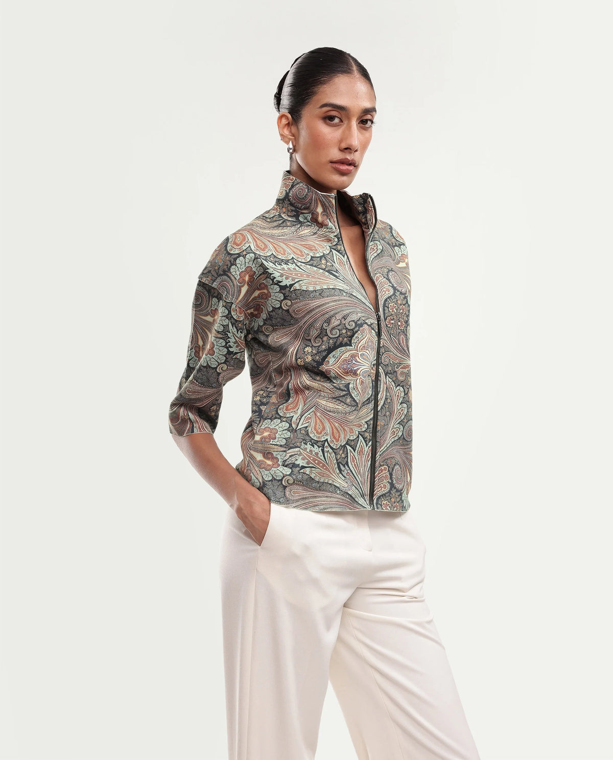 Rareism Women Vasaaw26 Primary Blue Polyester Blend Stand Collar Printed Regular Jacket
