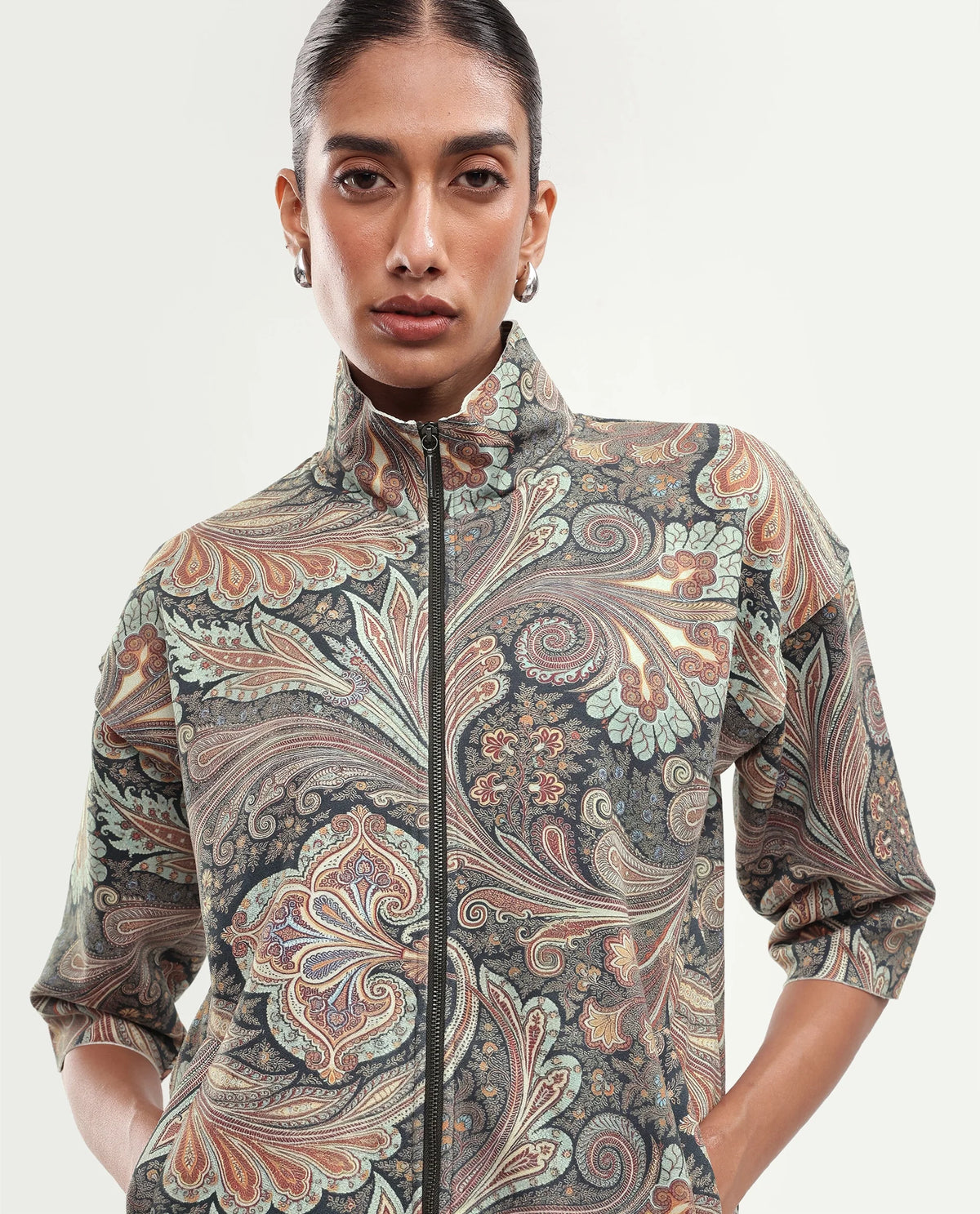 Rareism Women Vasaaw26 Primary Blue Polyester Blend Stand Collar Printed Regular Jacket