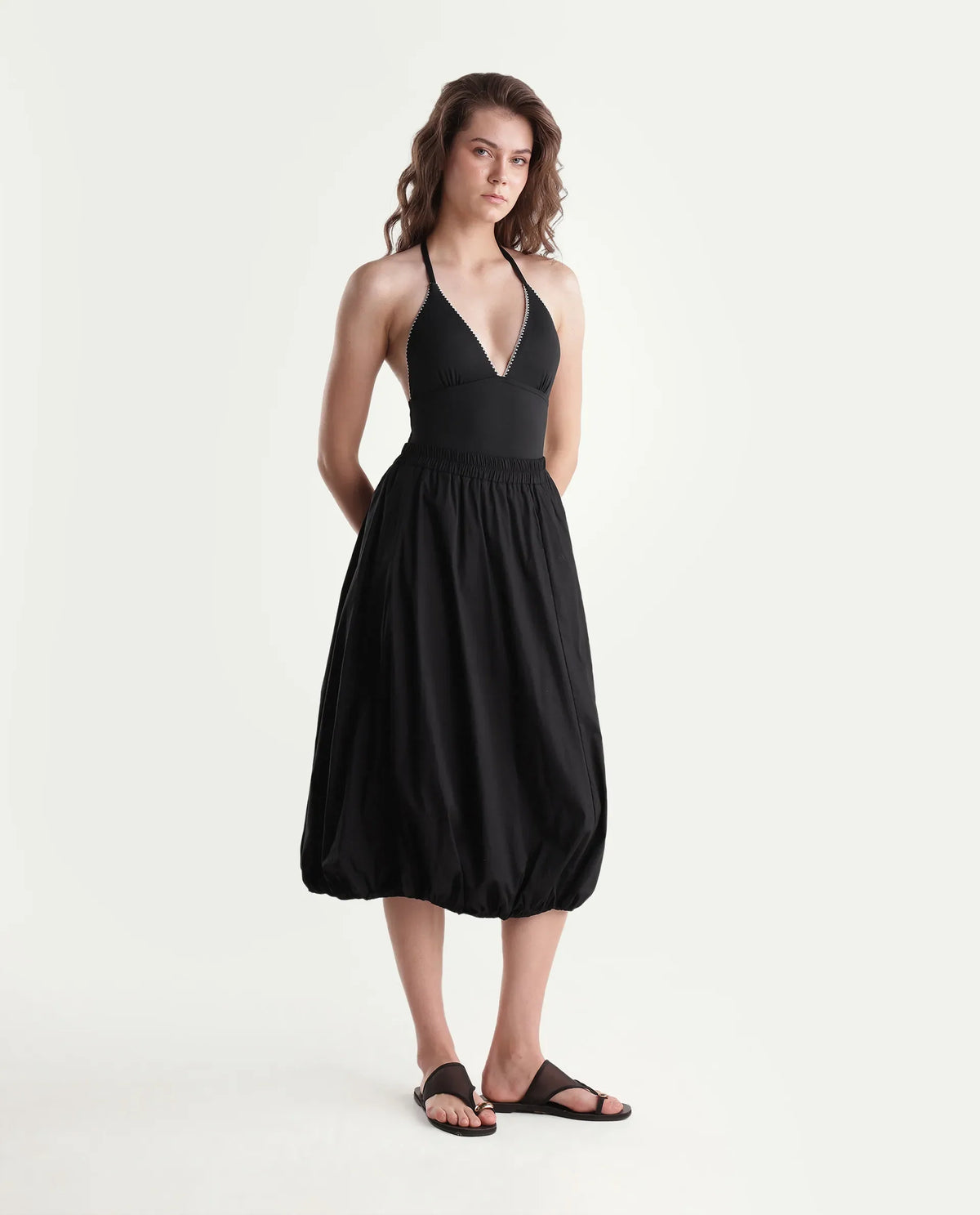 Rareism Women Onjara Primary Black Cotton Blend Plain Balloon Skirt