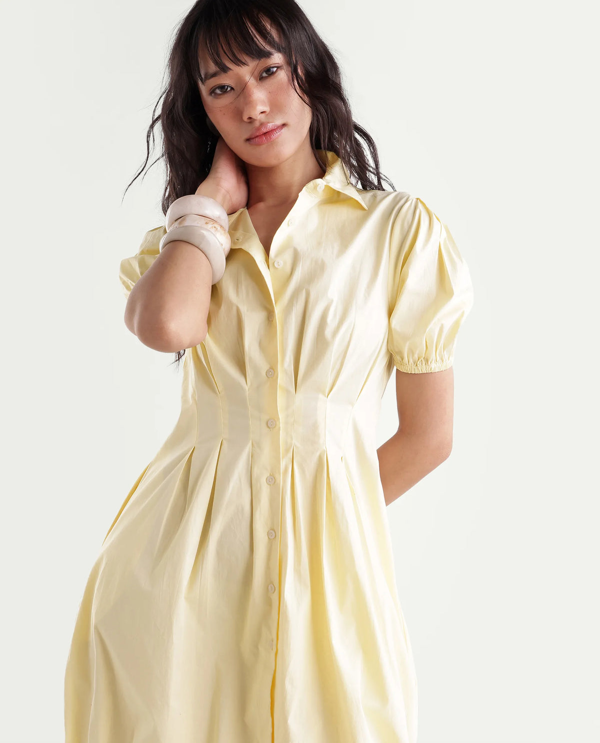 Rareism Women Onjug Primary Yellow Cotton Blend Spread Collar Plain Balloon Dress