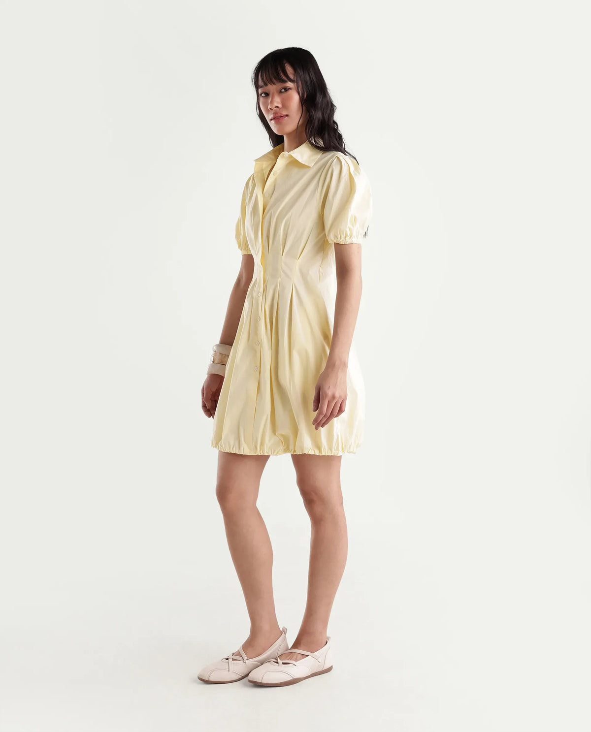 Rareism Women Onjug Primary Yellow Cotton Blend Spread Collar Plain Balloon Dress