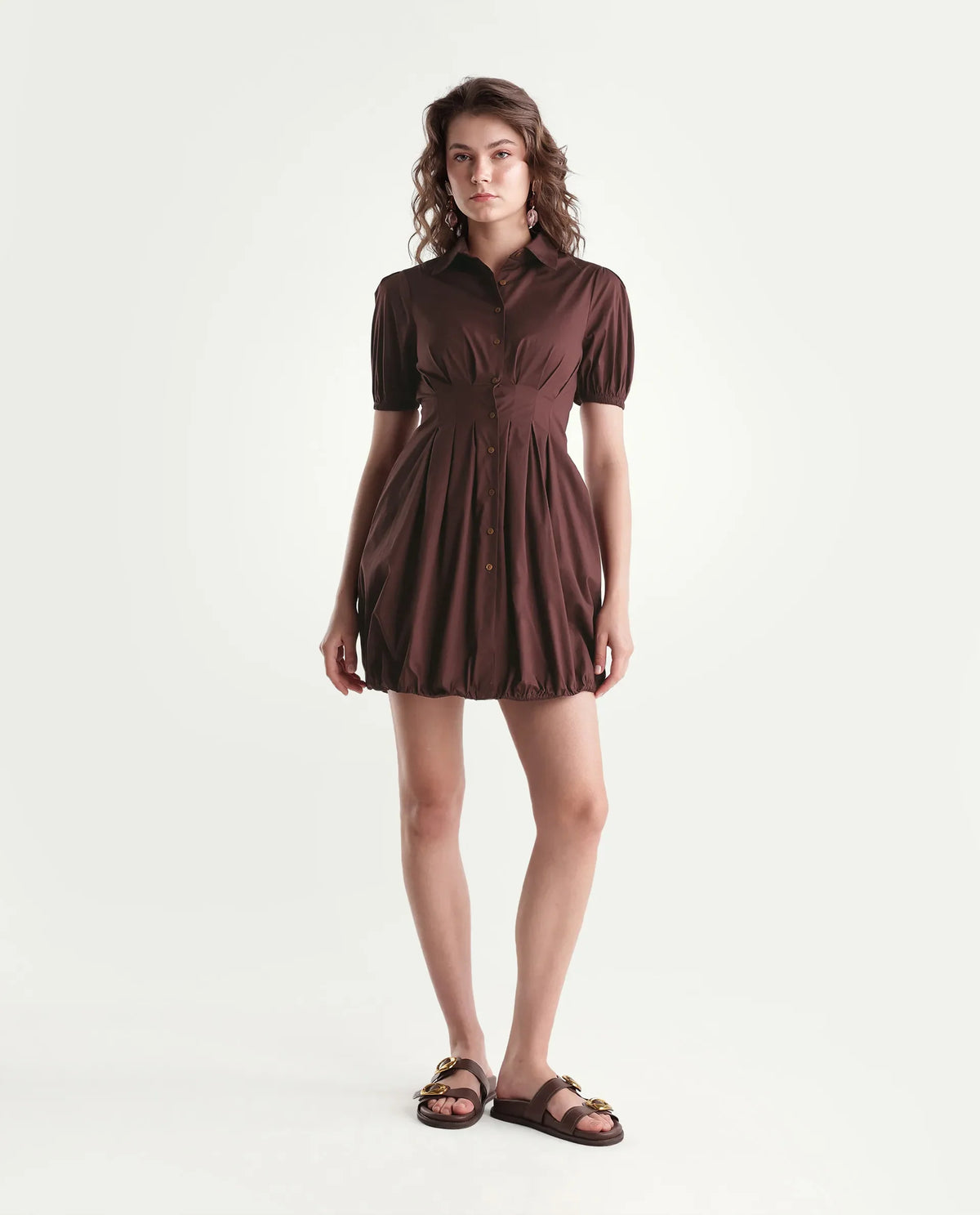 Rareism Women Onjug Primary Brown Cotton Blend Spread Collar Plain Balloon Dress