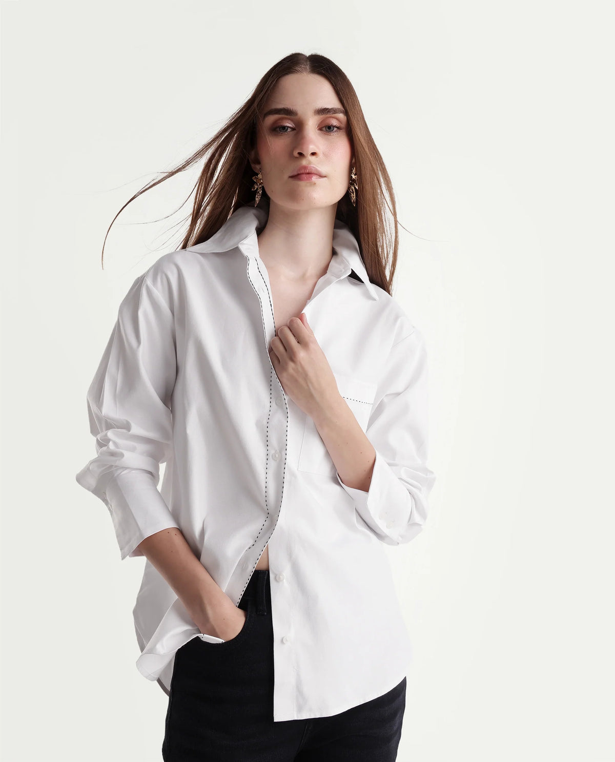 Rareism Women Onre Primary White Cotton Blend Spread Collar Plain Regular Shirt