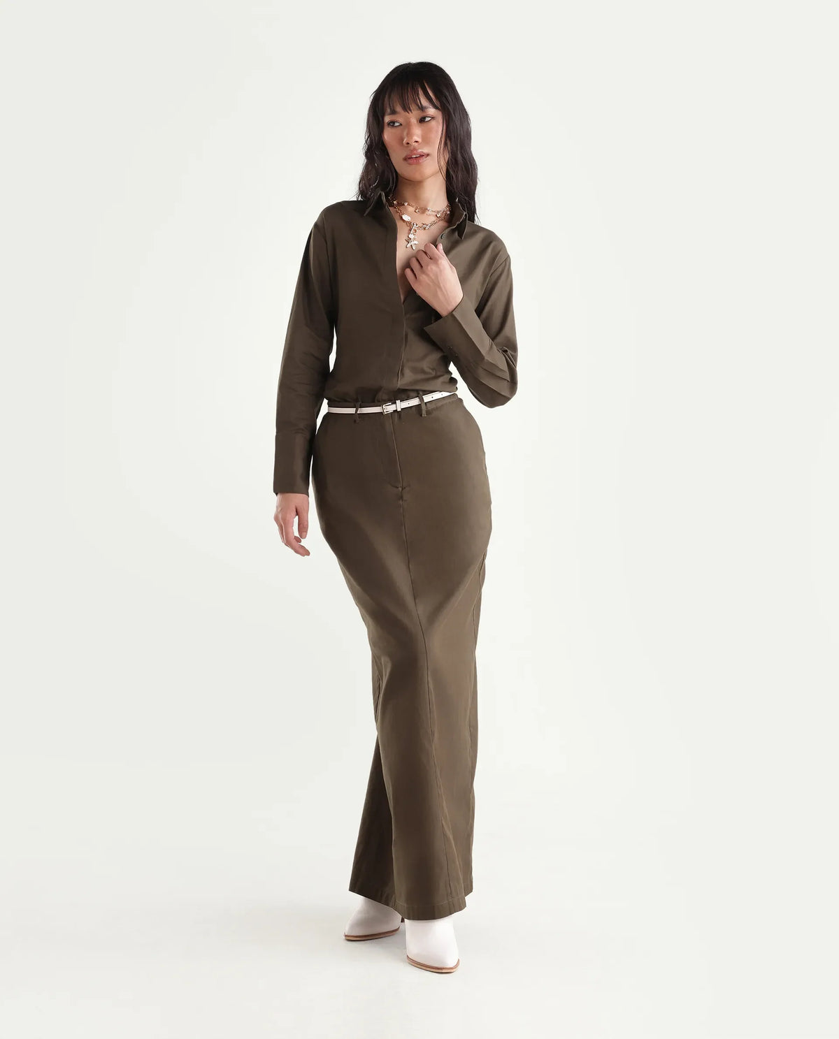 Rareism Women Onwop-B Primary Olive Cotton Plain Straight Skirt