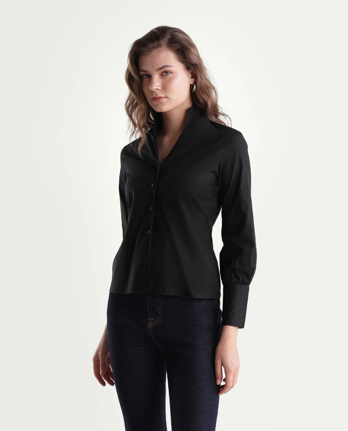 Rareism Women Onwynd Primary Black Cotton Blend Stand Collar Plain Regular Shirt