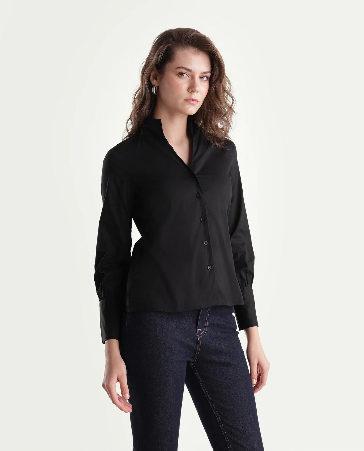 Rareism Women Onwynd Primary Black Cotton Blend Stand Collar Plain Regular Shirt