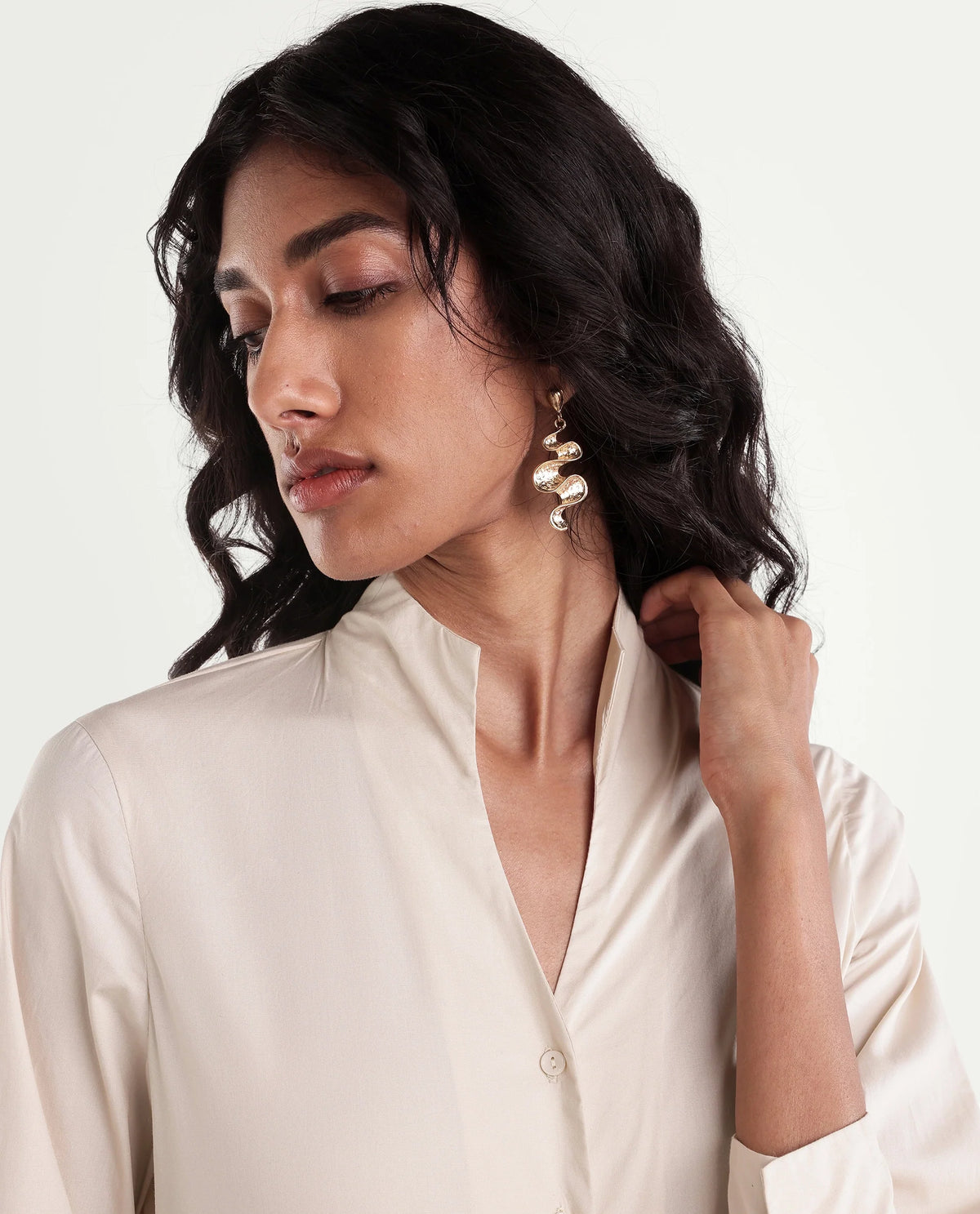 Rareism Women Onwynd Primary Beige Cotton Blend Stand Collar Plain Regular Shirt
