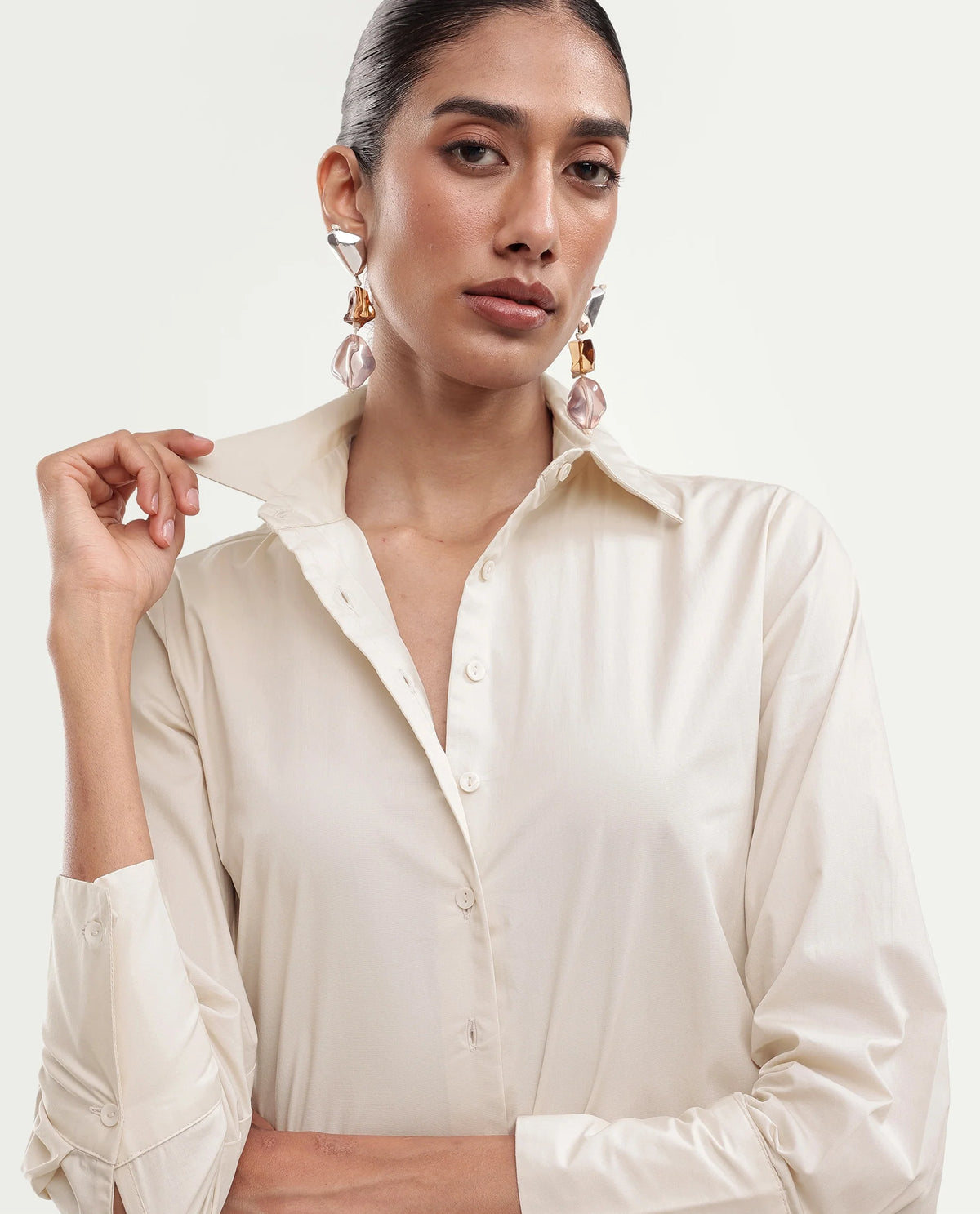 Rareism Women Onwrop Primary Beige Cotton Blend Spread Collar Plain Regular Shirt