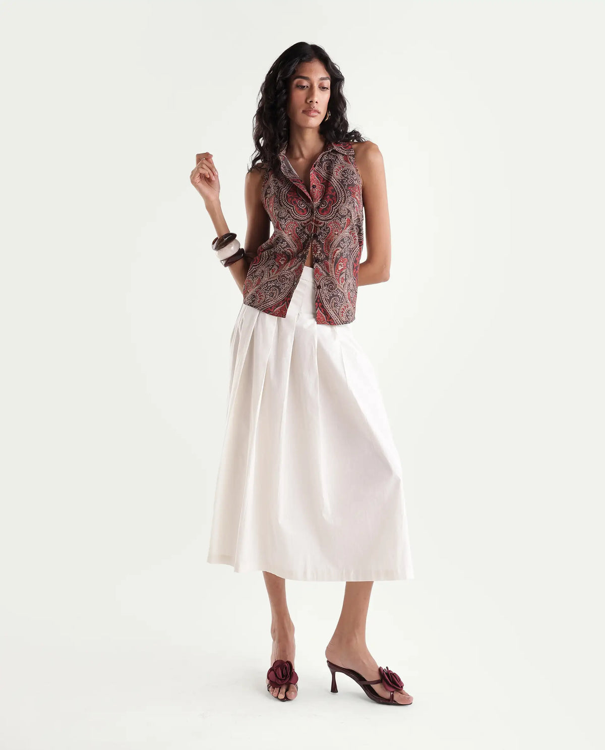 Rareism Womens Hellow Red Viscose Spread Collar Regular Paisley Print Top