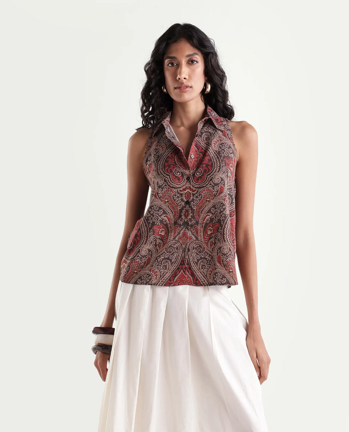 Rareism Womens Hellow Red Viscose Spread Collar Regular Paisley Print Top