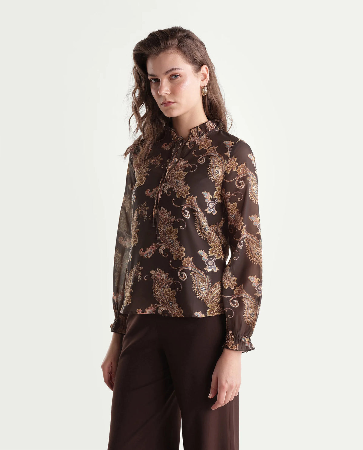 Rareism Womens Onfit Brown Polyester Regular Paisley Print Top