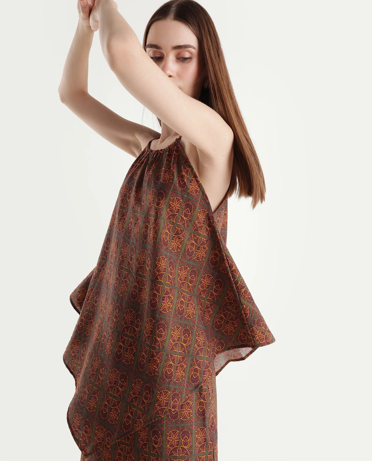 Rareism Womens Onfoj Mustard Viscose Blend Swing Ornamental Print Top