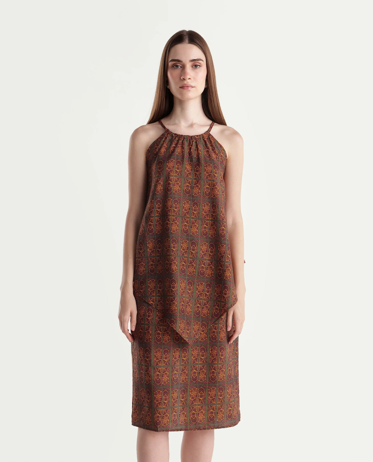 Rareism Womens Onfoj Mustard Viscose Blend Swing Ornamental Print Top
