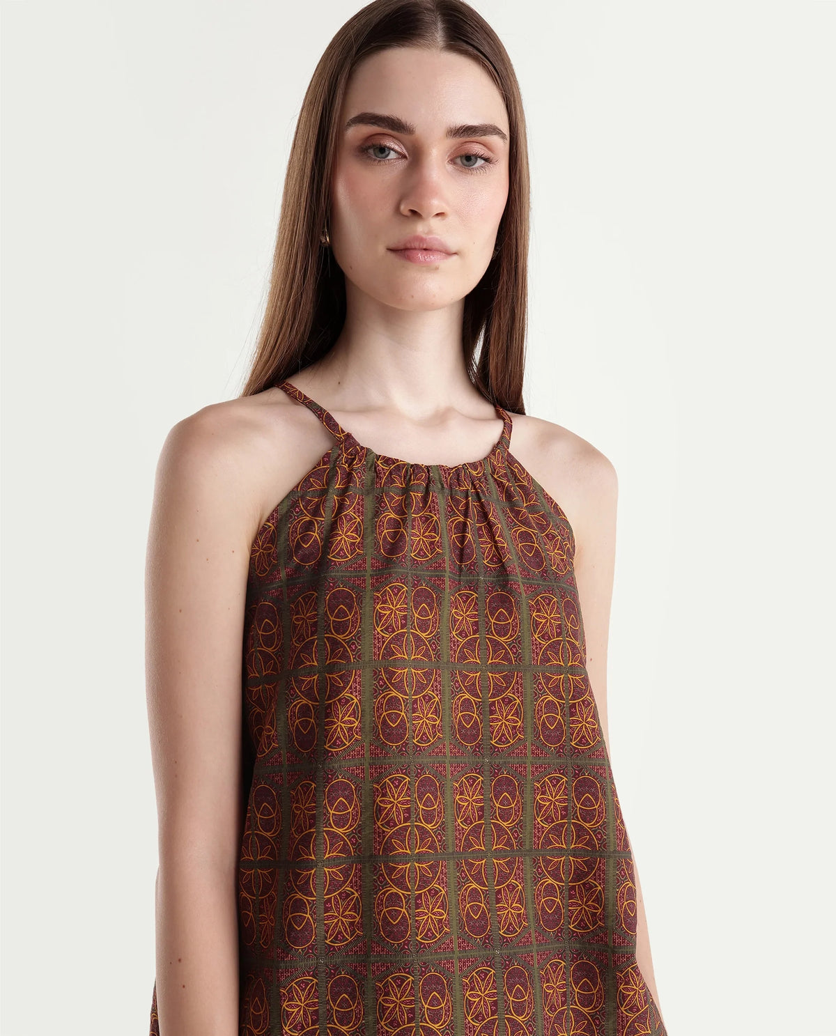 Rareism Womens Onfoj Mustard Viscose Blend Swing Ornamental Print Top