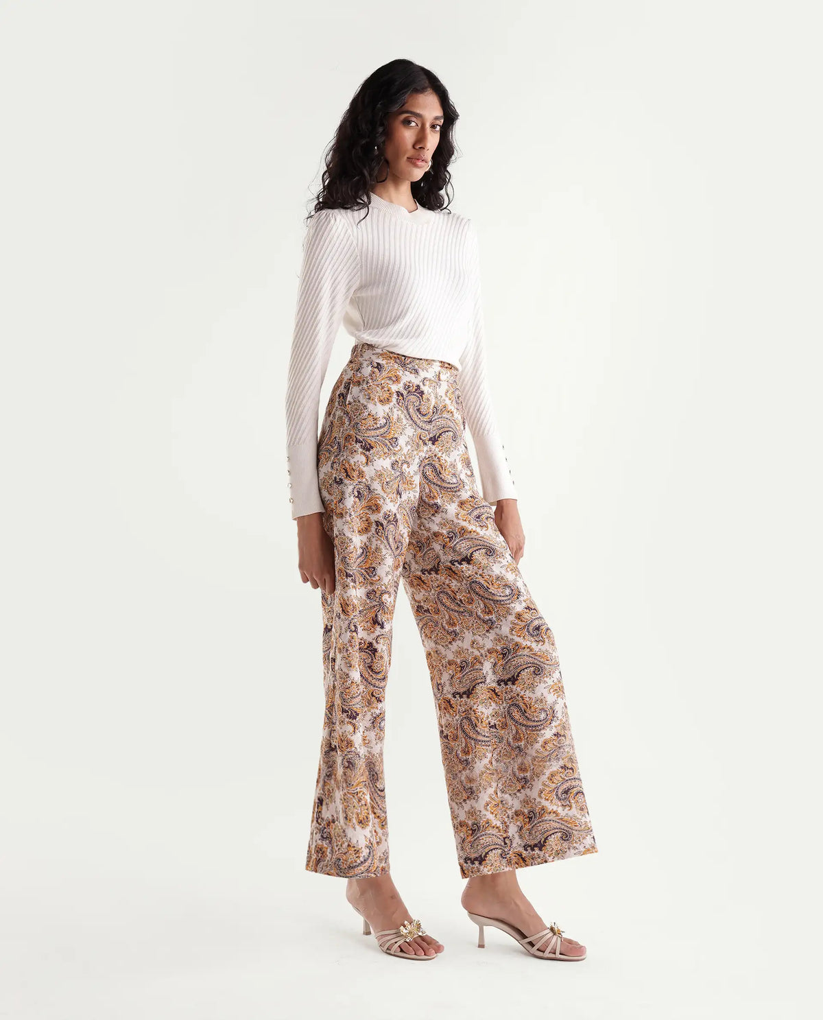 Rareism Womens Onfab-B Off White Viscose Blend Wide Leg Paisley Print Trouser