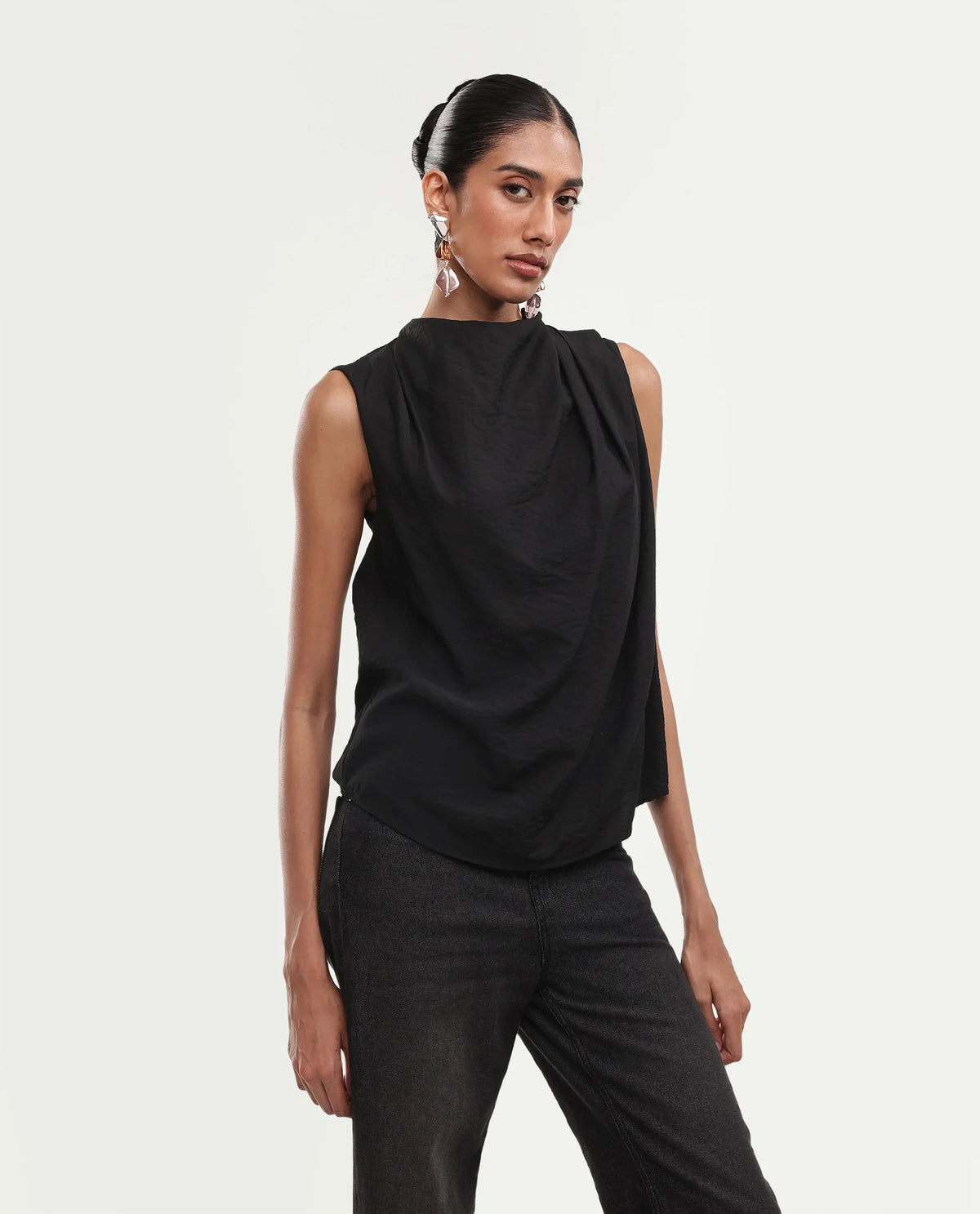 Rareism Womens Onjowl Black Viscose Blend Cowl Neck Swing Plain Top