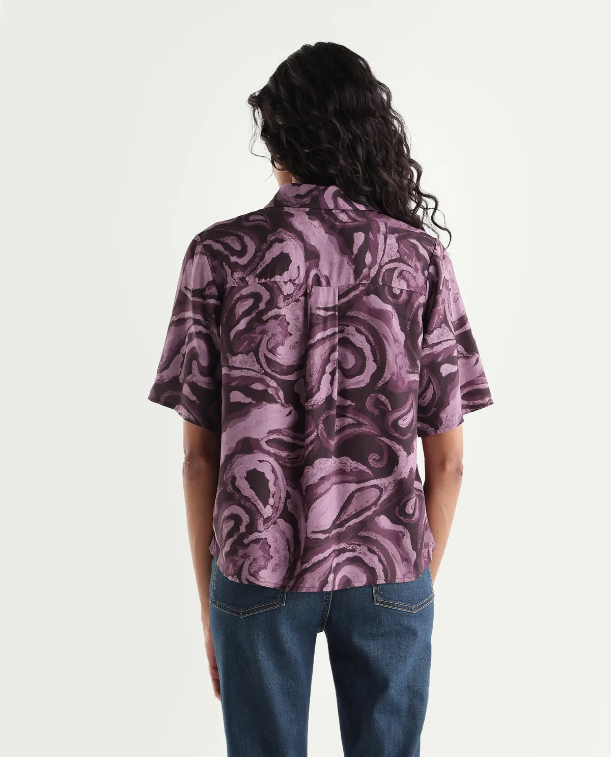 Rareism Womens Hack Dark Purple Viscose Spread Collar Regular Abstract Print Shirt