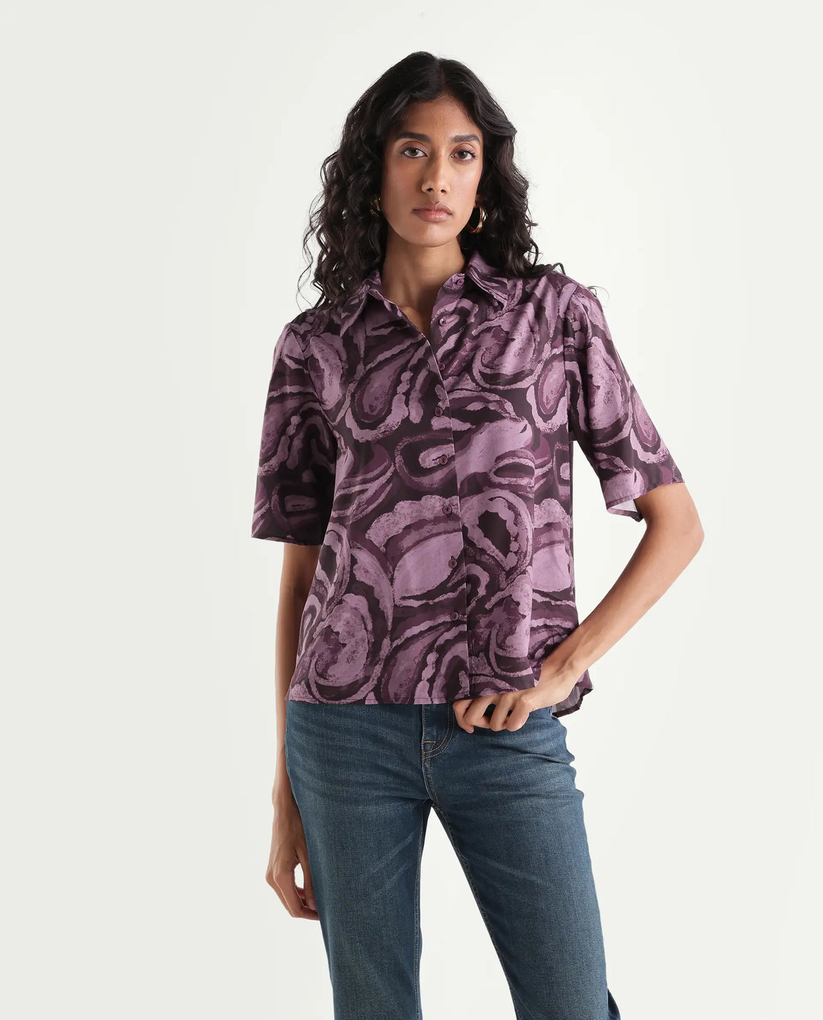 Rareism Womens Hack Dark Purple Viscose Spread Collar Regular Abstract Print Shirt