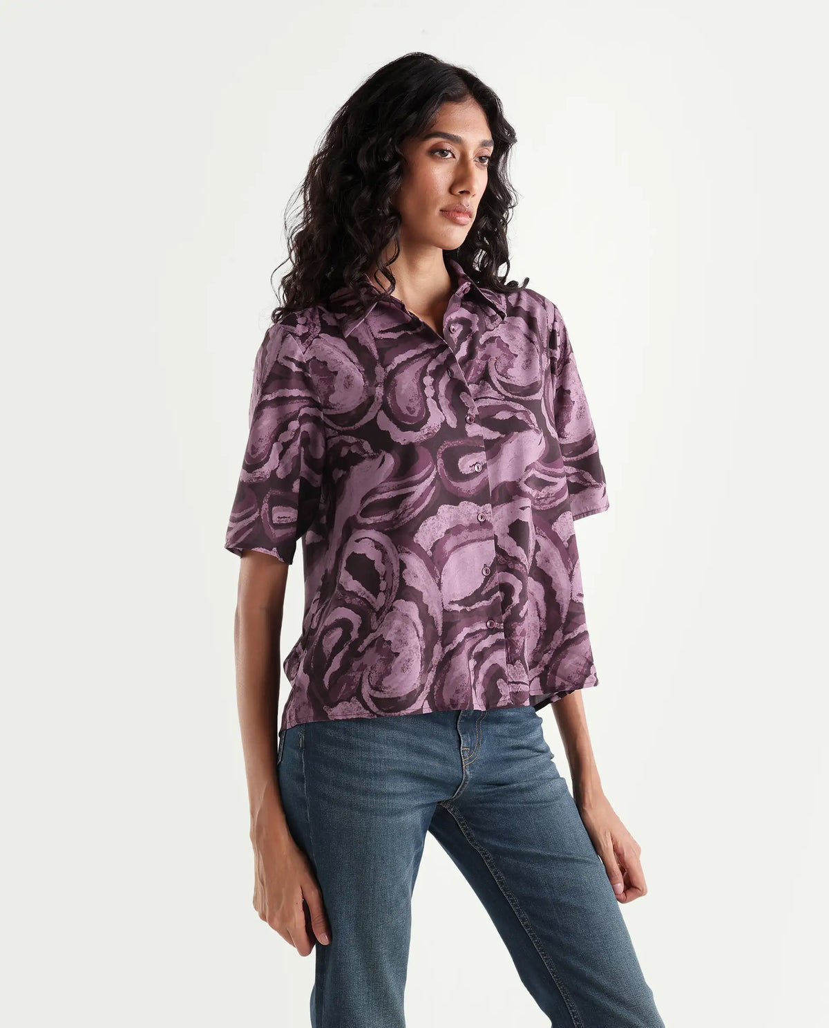 Rareism Womens Hack Dark Purple Viscose Spread Collar Regular Abstract Print Shirt