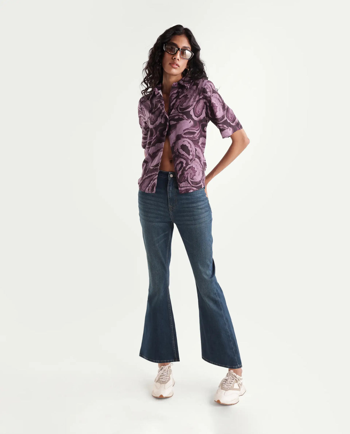 Rareism Womens Hack Dark Purple Viscose Spread Collar Regular Abstract Print Shirt