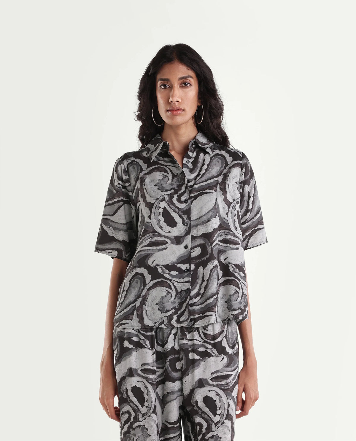 Rareism Womens Hacker Black Viscose Spread Collar Regular Abstract Print Shirt