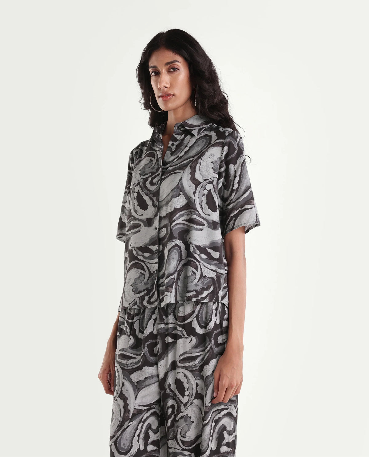 Rareism Womens Hacker Black Viscose Spread Collar Regular Abstract Print Shirt