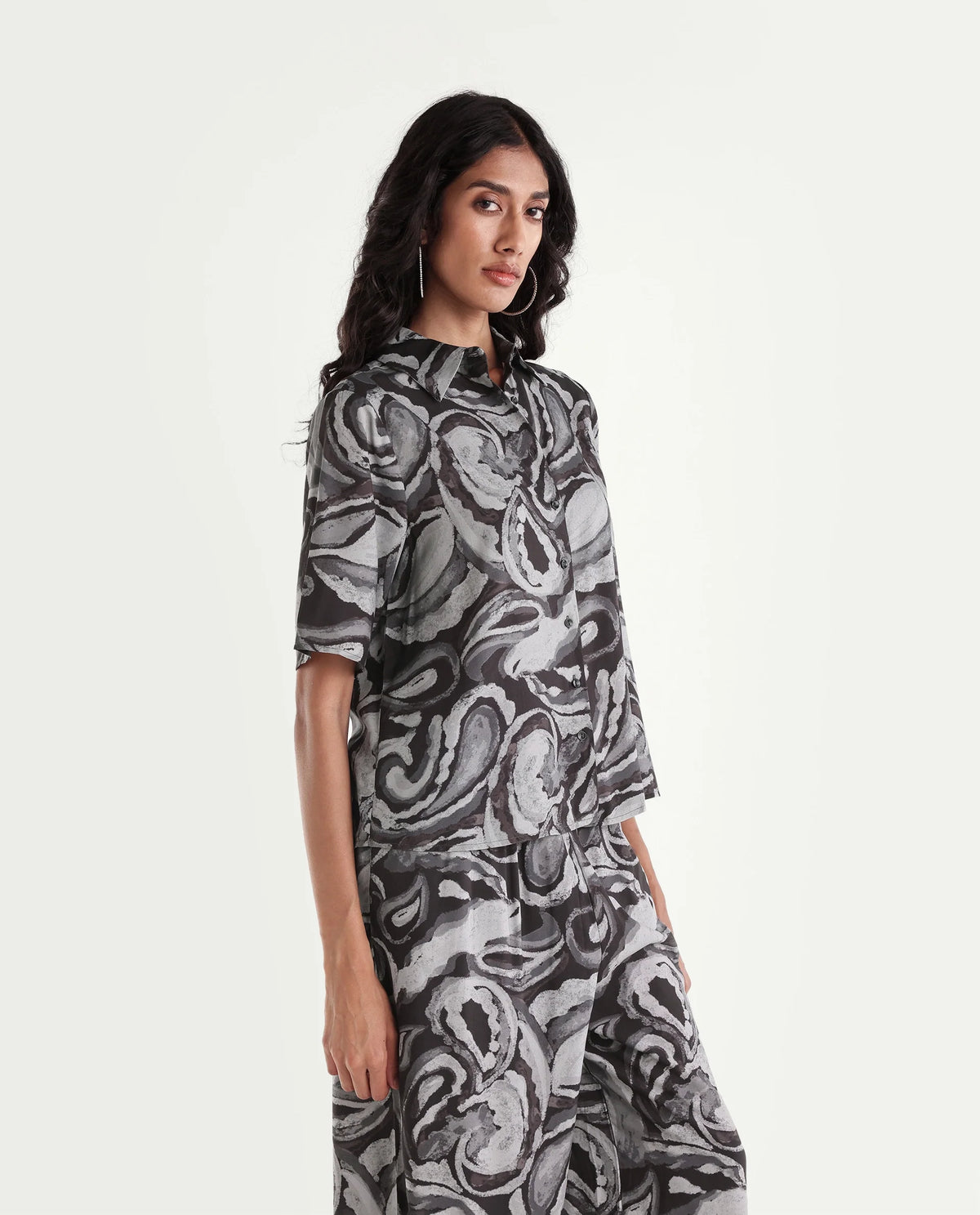 Rareism Womens Hacker Black Viscose Spread Collar Regular Abstract Print Shirt