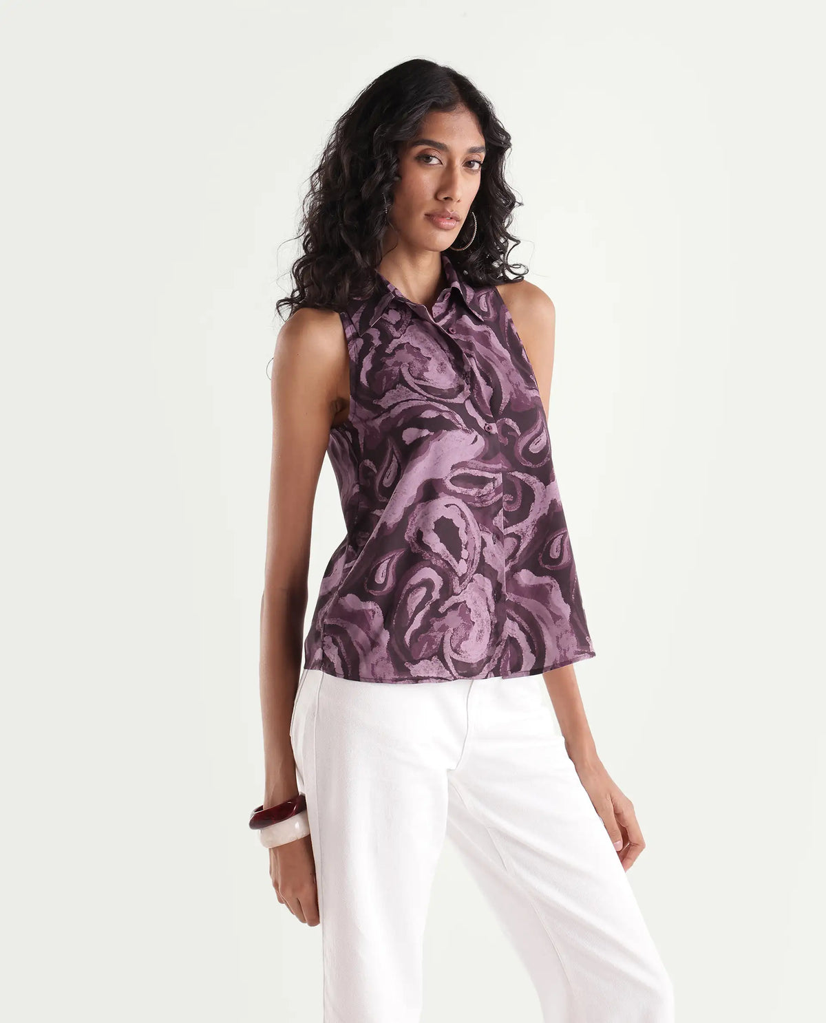 Rareism Womens Hammero Dark Purple Viscose Spread Collar Regular Abstract Print Shirt