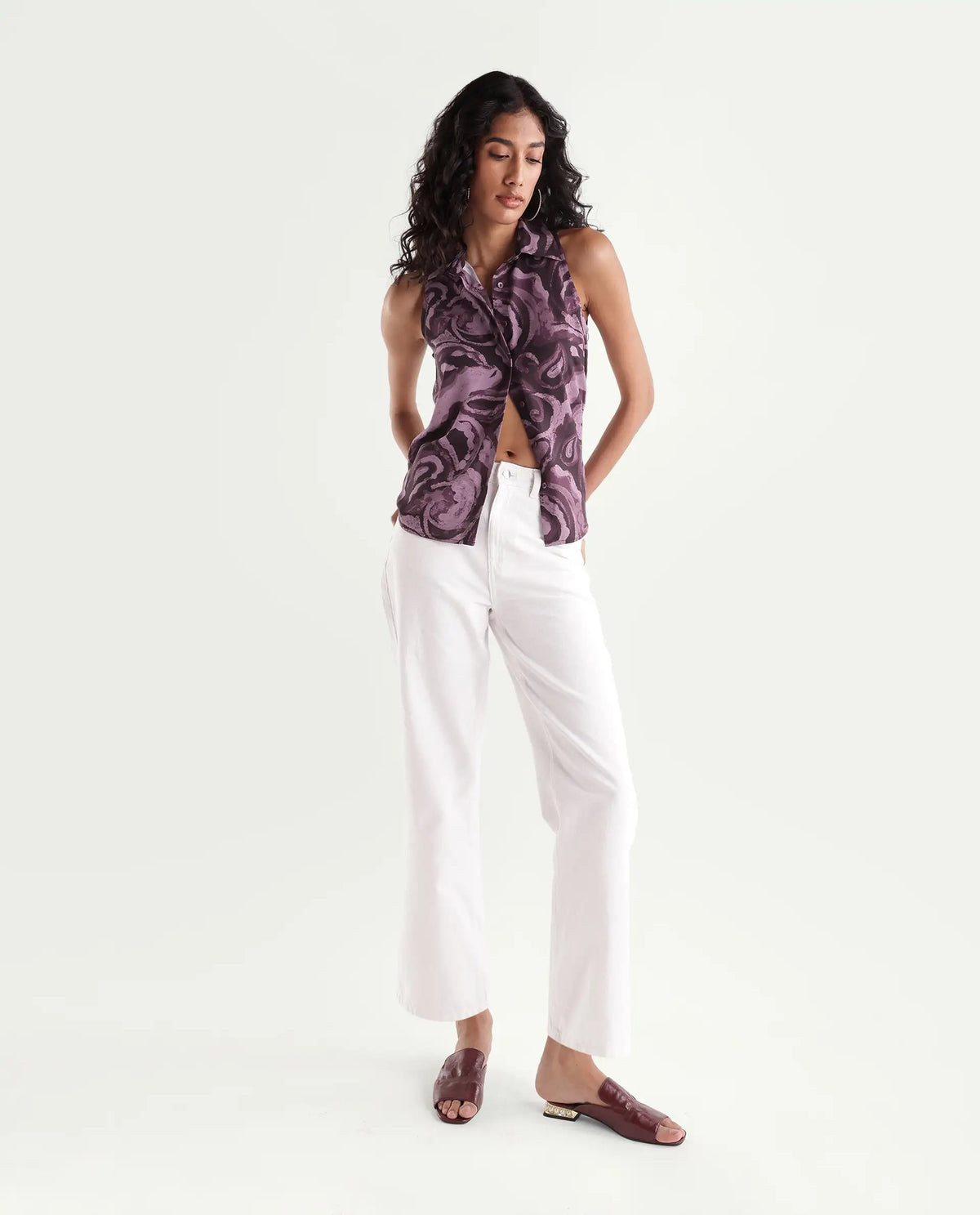 Rareism Womens Hammero Dark Purple Viscose Spread Collar Regular Abstract Print Shirt