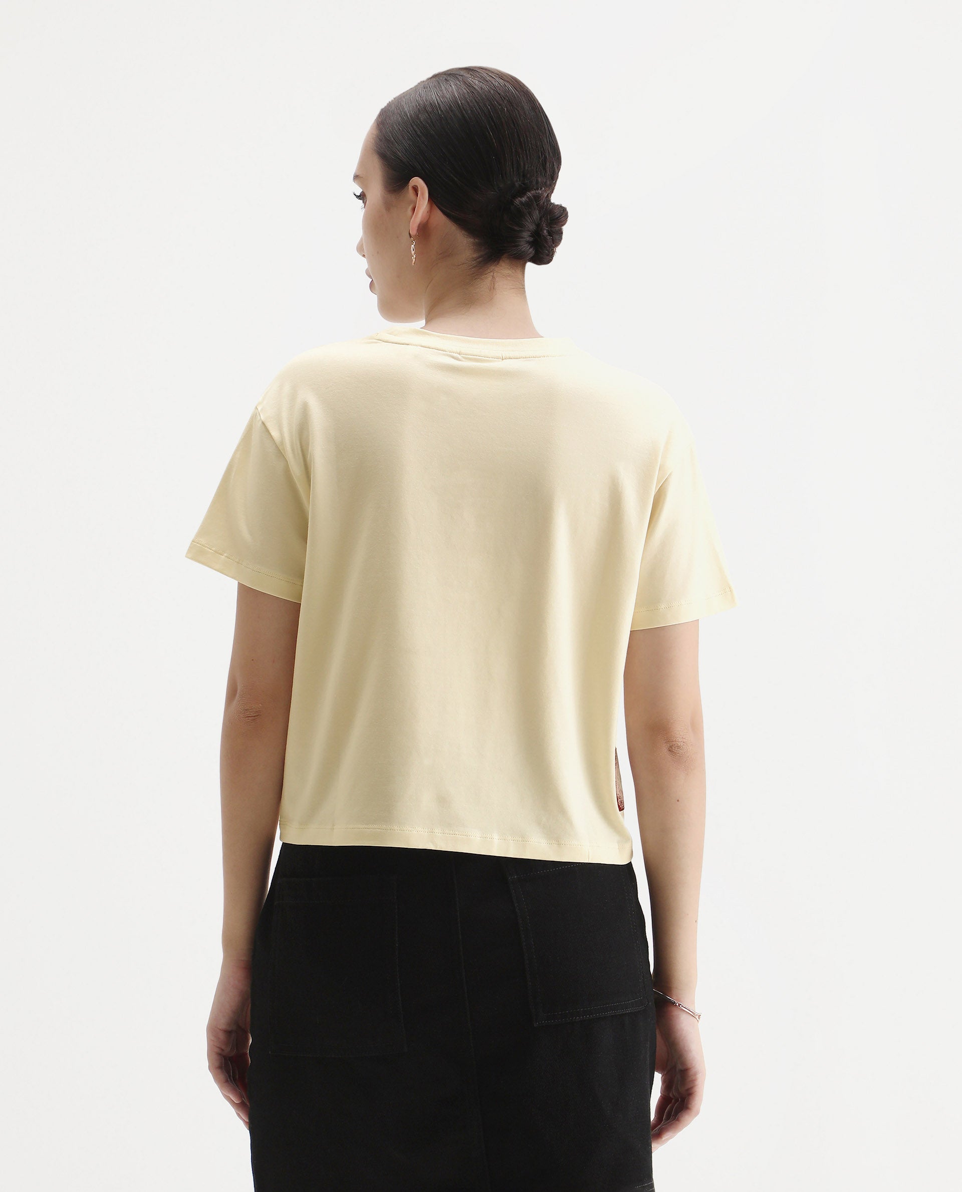 Rareism Women's Rubis Off White Cotton Blend Crew Neck Regular Fit T-Shirt