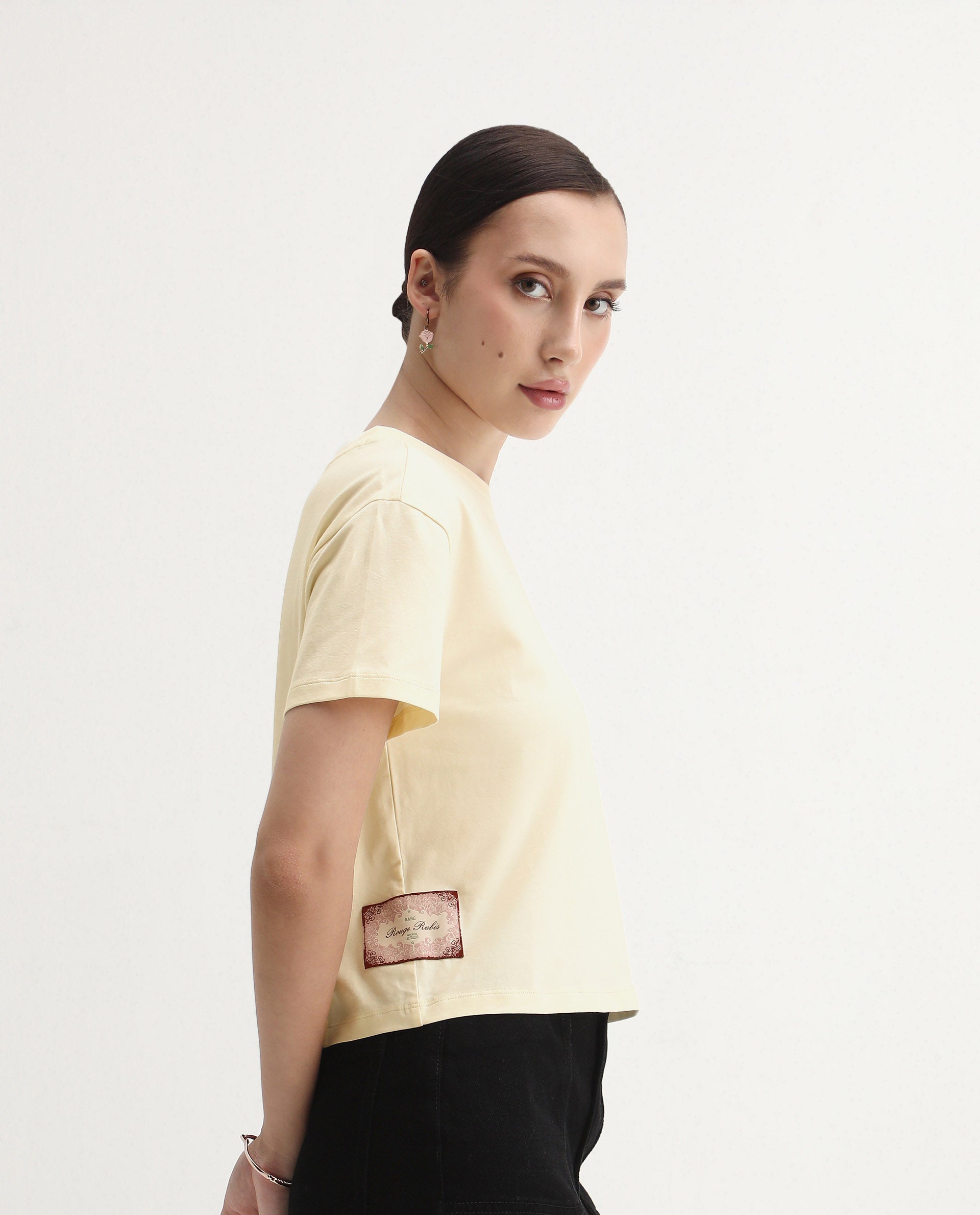 Rareism Women's Rubis Off White Cotton Blend Crew Neck Regular Fit T-Shirt